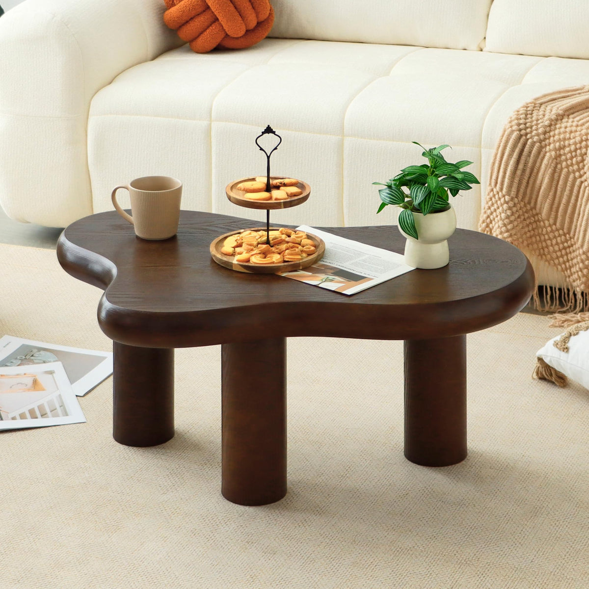 Mordchil HF 34"(L) Cloud Coffee Table, Modern Wood Coffee Table for Living Room, Accent Center Tables with 3 Legs, Small Tea Tables for Balcony, Patio, Bedroom, Walnut
