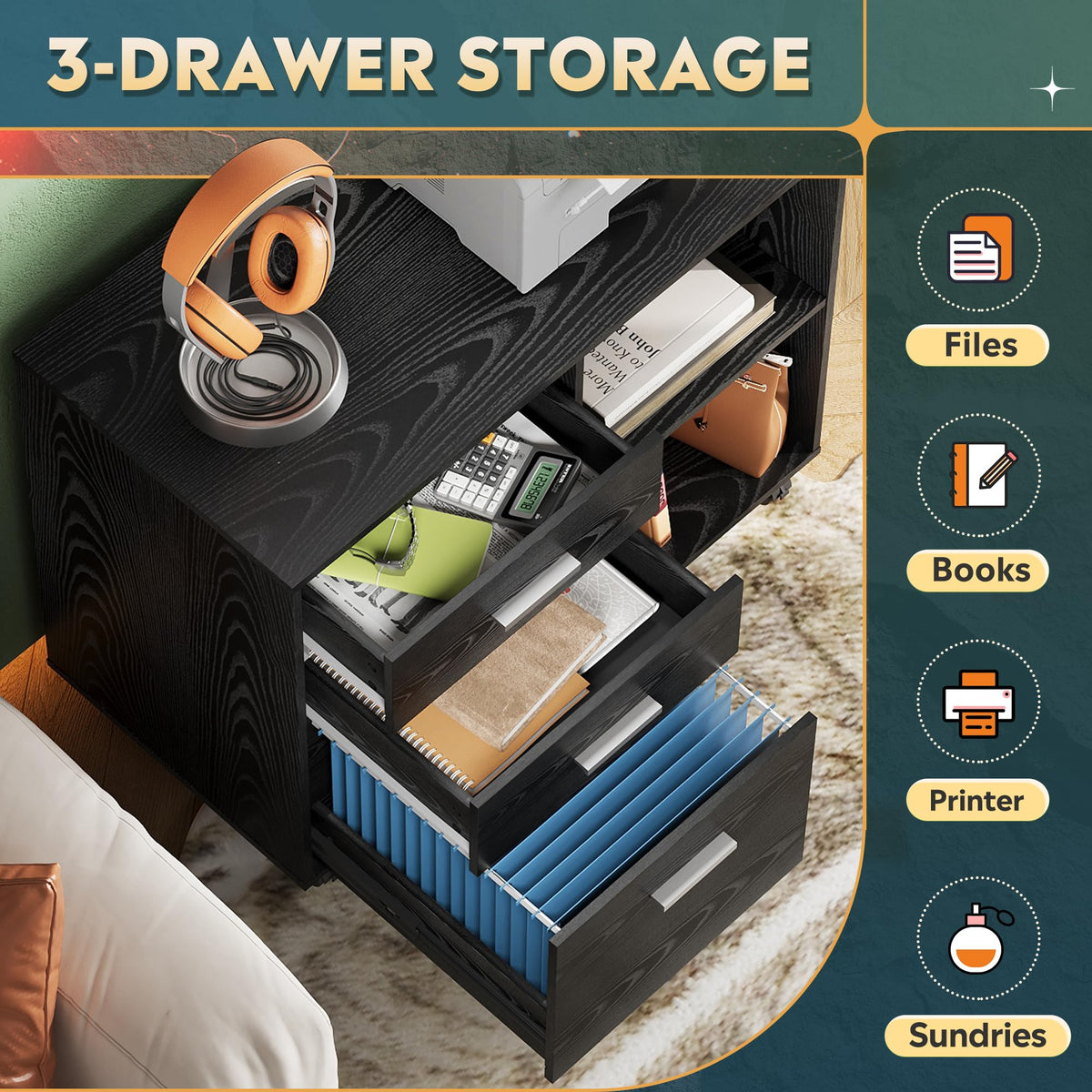 3-Drawer Mobile File Cabinet