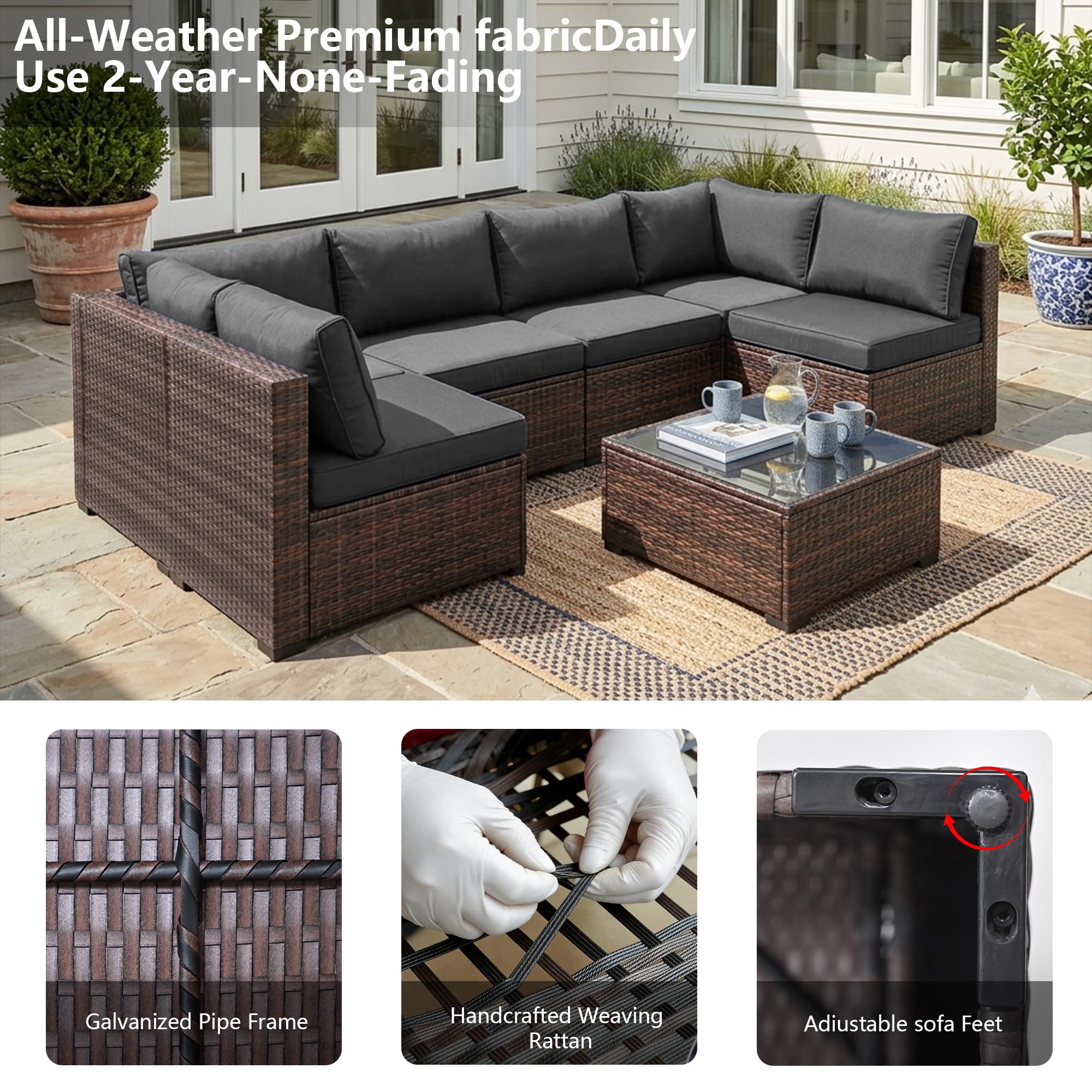 7-Piece Outdoor Sectional Sofa Set with Glass Table & Rain Cover