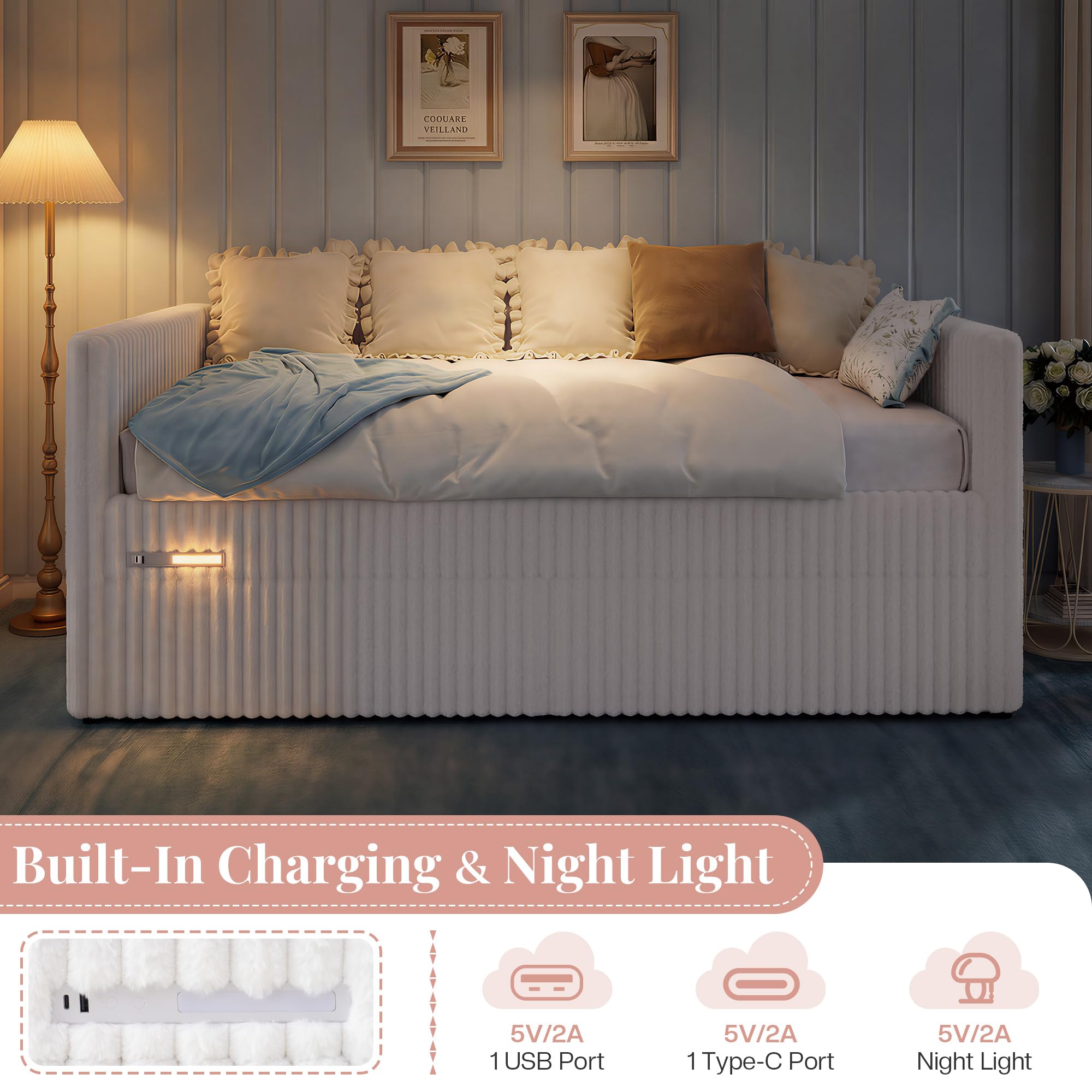 Twin Corduroy Daybed with Storage & Charging