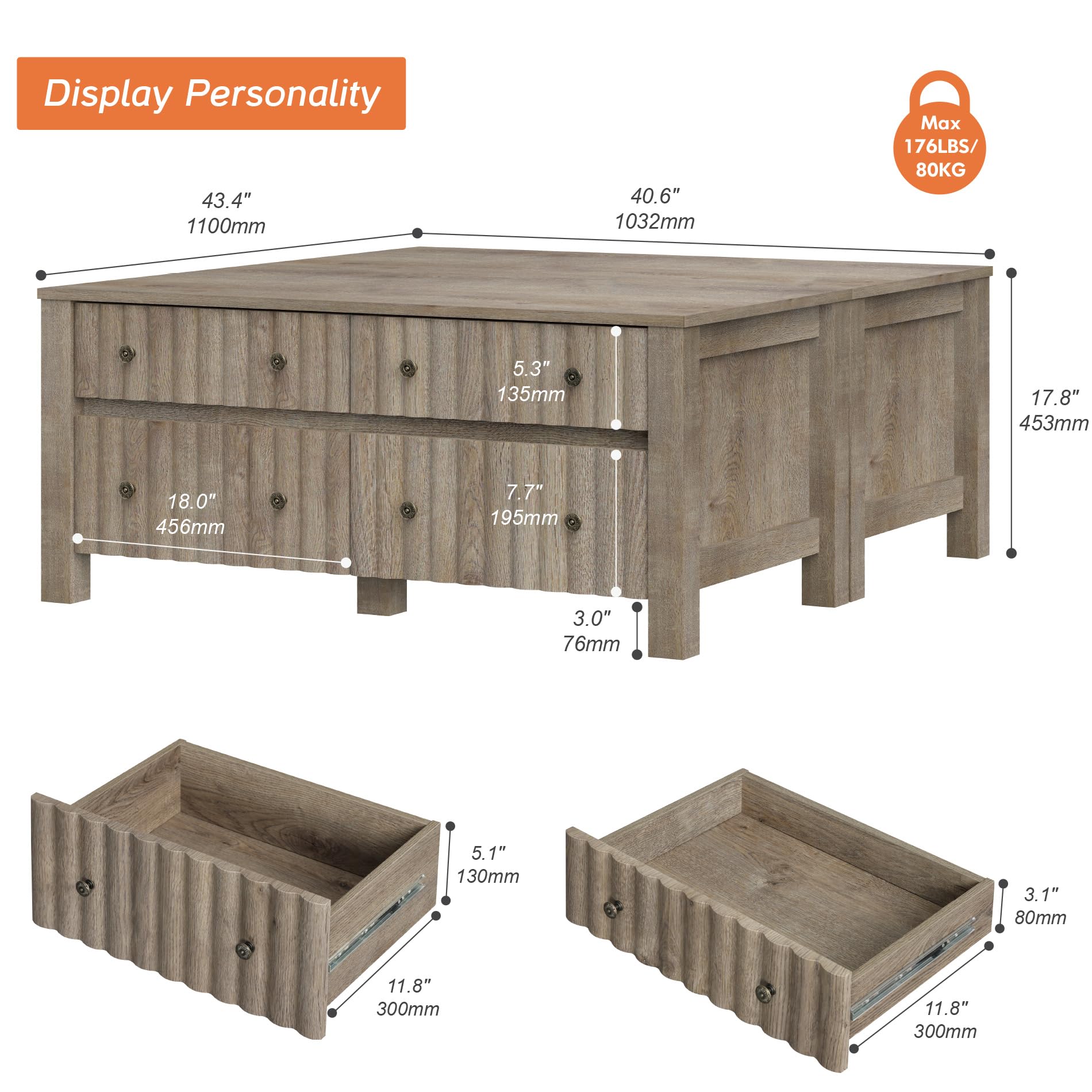 WAMPAT 2 Pack Modern Coffee Table, Rectangle Coffee Table with Sliding Storage Drawers, Center Table with Thick Wood Legs for Living Room, Vintage Grey