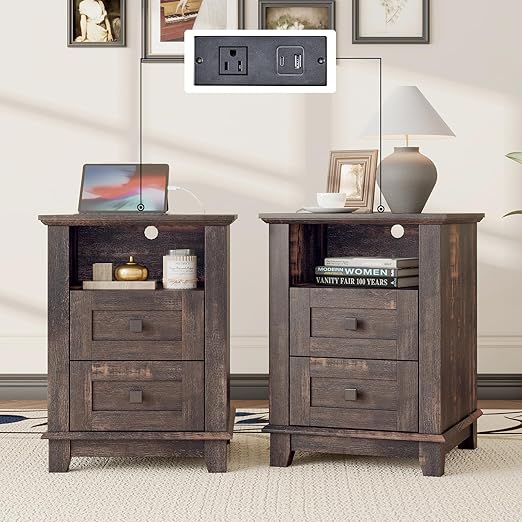 Farmhouse Nightstand Set of 2 with Charging Station