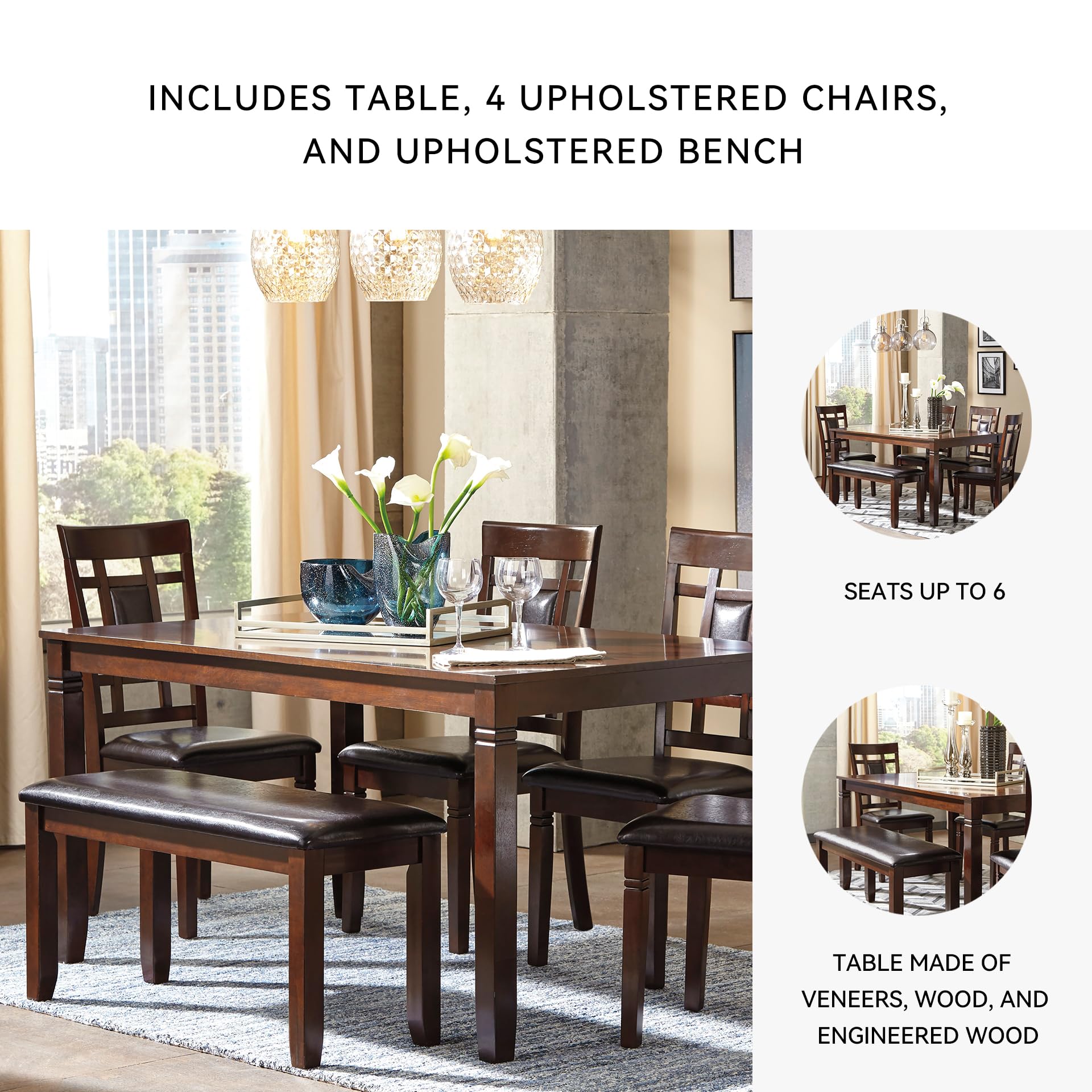 Signature Design by Ashley Bennox 6 Piece Dining Set with Upholstered Bench, Table & 4 Upholstered Chairs, Seats 6, Wood, Brown