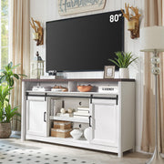 Rustic Farmhouse TV Stand for 80 Inch TVs, Large Entertainment Center with Storage, TV Console for Bedroom Living Room, Media Console Cabinet with Sliding Barn Doors, 70 Inch Wide, White & Walnut