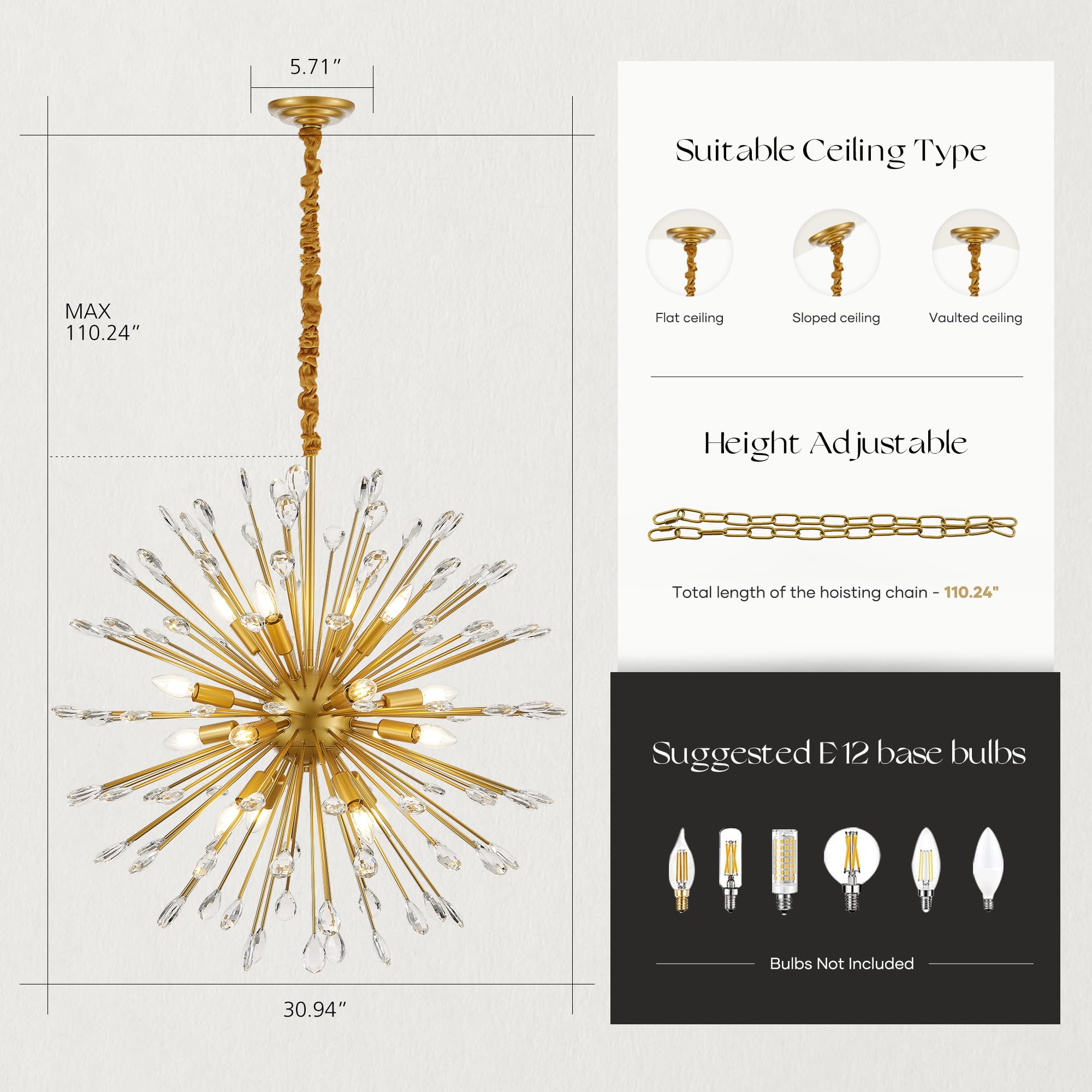Aol furin 16-Light Gold Sputnik Chandeliers, 31" Starburst Firework Pendant Light fixtures, Mid-Century Modern Satellite Ceiling Lights for Dining Room, Kitchen, Bedroom, Living Room, E12