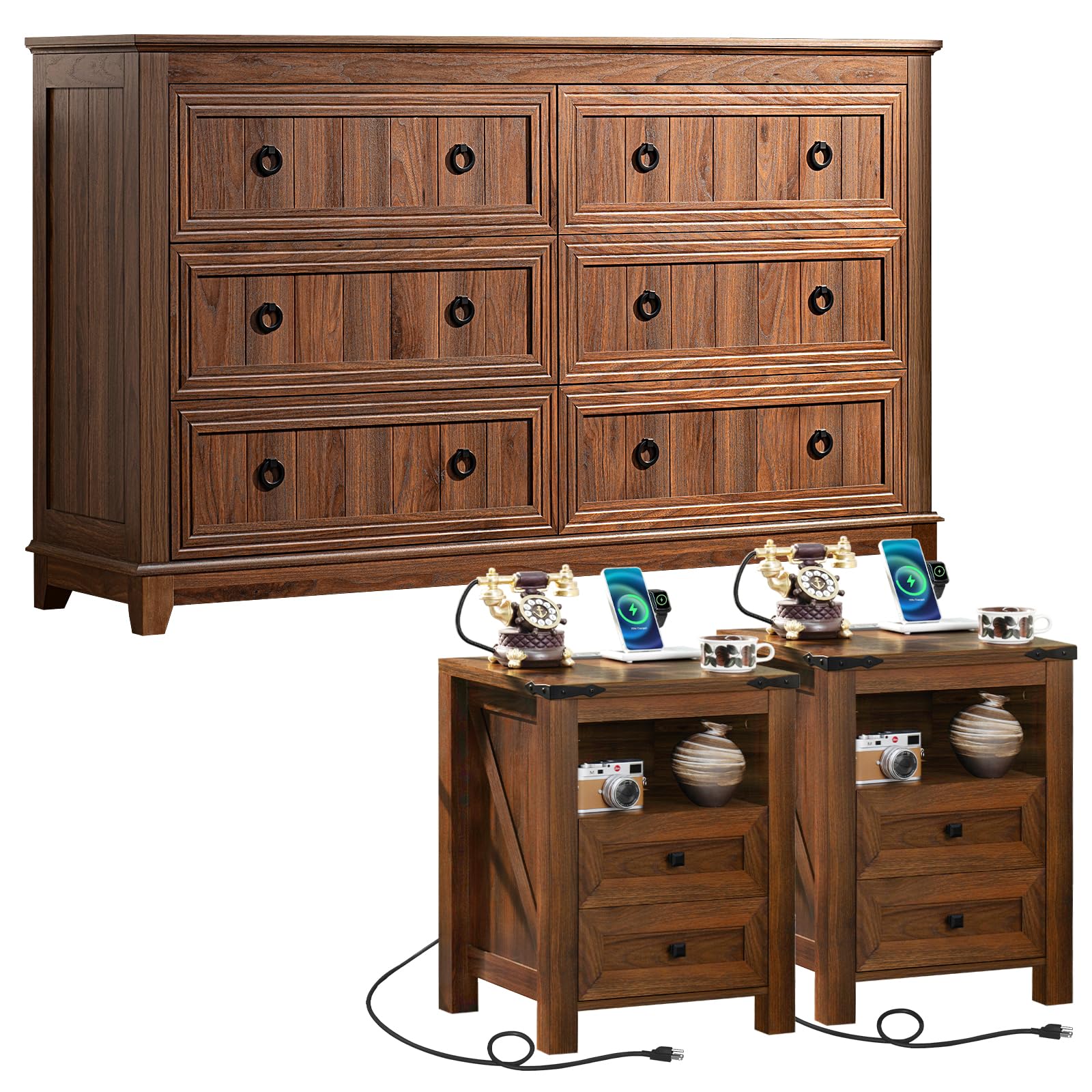 6-Drawer Dresser & Nightstand Set with Charging Station