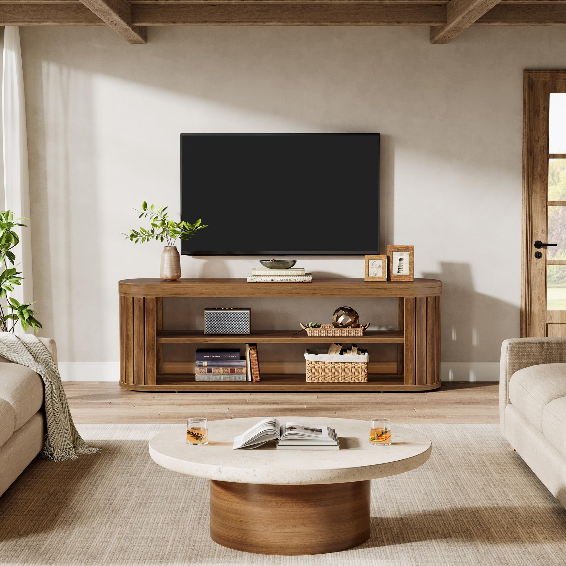 Tribesigns TV Stand for TVs up to 55 Inches, 47.2-Inch Entertainment Center with 2-Tier Open Storage & Adjustable Foot Pads, Oval Media TV Console Table for Living Room, Bedroom, Rustic Brown