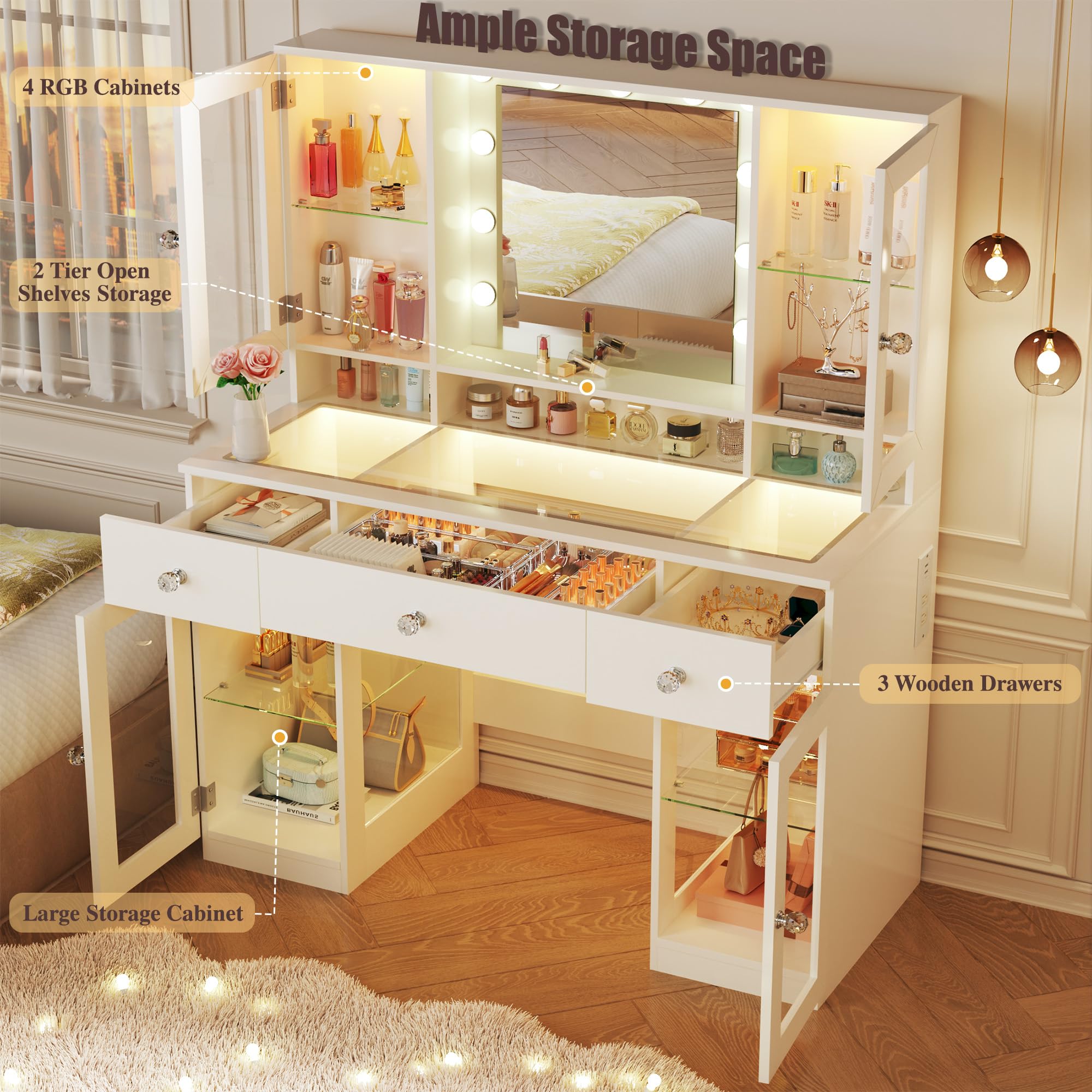 HUAHUU Vanity Desk with Mirror and RGB Lights, 43" Large Makeup Vanity with Glass Top, 4 Large Glass Cabinets, Power Outlet & 3 Drawers, 3 Colors Lighting Adjustable Brightness for Bedroom, White