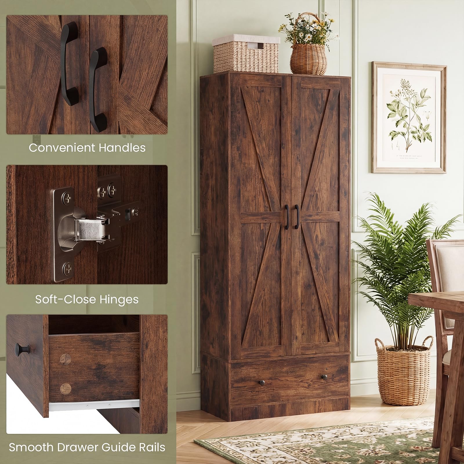 Giantex 72" Tall Kitchen Pantry Cabinet, Farmhouse Wooden Cupboard w/ 2 Doors, Drawer & Adjustable Shelves, Freestanding Versatile Storage Cabinet for Dining Room Living Room Bathroom (Rustic Brown)