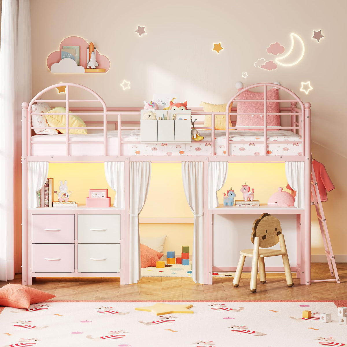 Twin Low Loft Bed with Desk & 4 Storage Drawers, Smart LED Lights, Pink