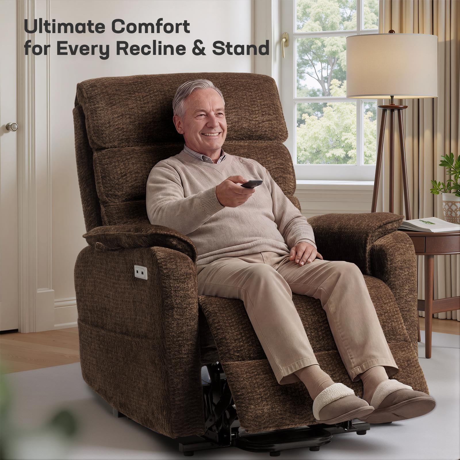 Tami Tami Dual Motor Lay Flat Power Lift Chair Recliner for Elderly with Massage and Heat, Electric Lift Recliner with Infinite Position, USB A&C (T6011 - Chenille, Brown)