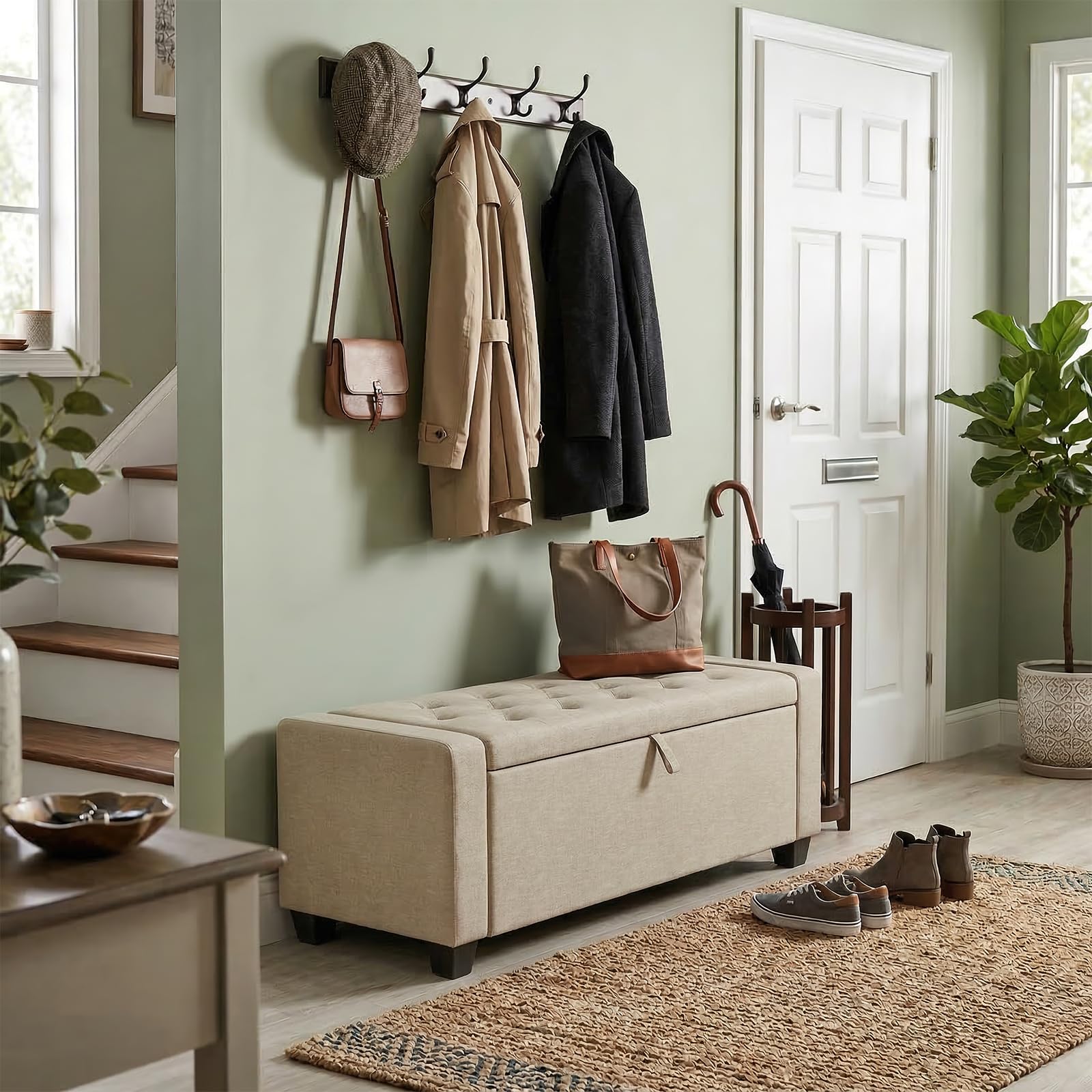 DUSACOM Storage Ottoman Bench, 50" End of Bed Bench with Legs,Storage Chest with Safety Hinge, Modern Entryway Benchs for Living Room, Bedroom, Entryway, Beige