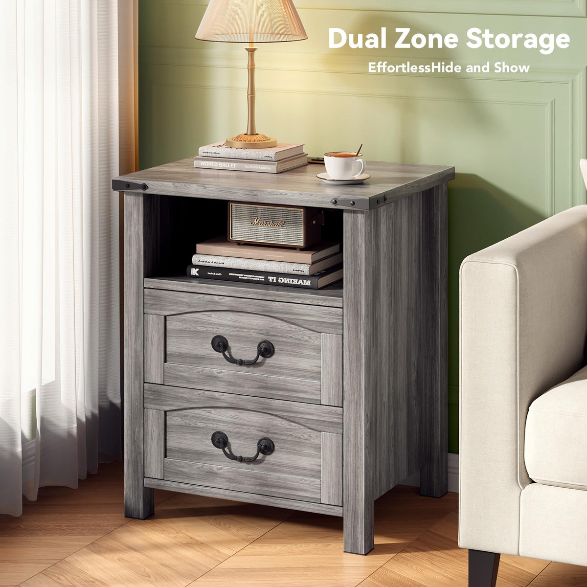 Decofy Farmhouse Nightstand Set of 2 with Charging Station, 2 Drawers, 18" Wide Rustic Bedside Table with Open Shelf, Wood End Table, Night Stand Set of 2 for Bedroom, Grey Oak