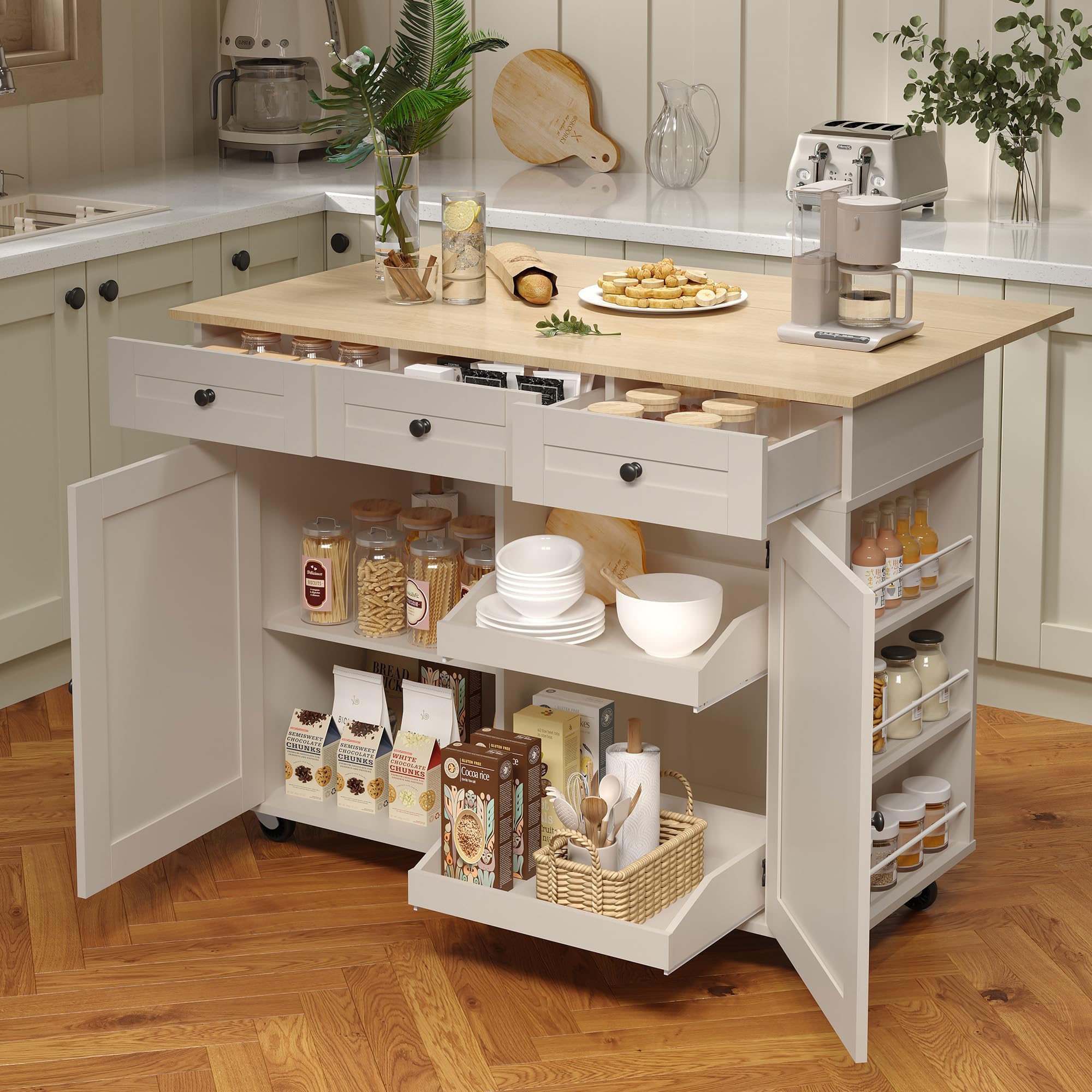 Rolling Kitchen Island with Drop Leaf & Charging Station