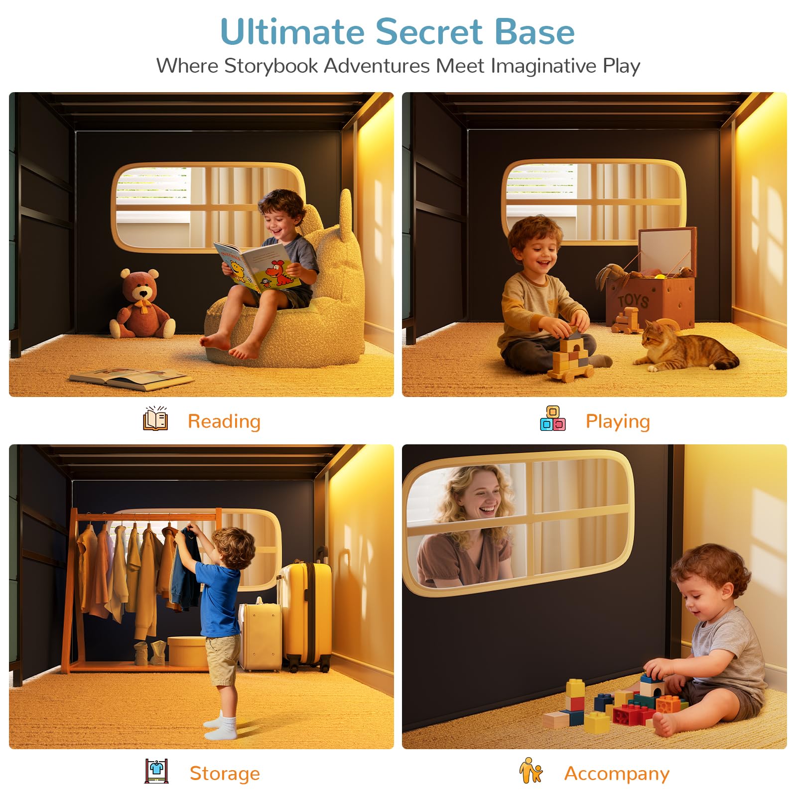 Kids Twin Low Loft Bed with Desk, Storage & LED Play Tent