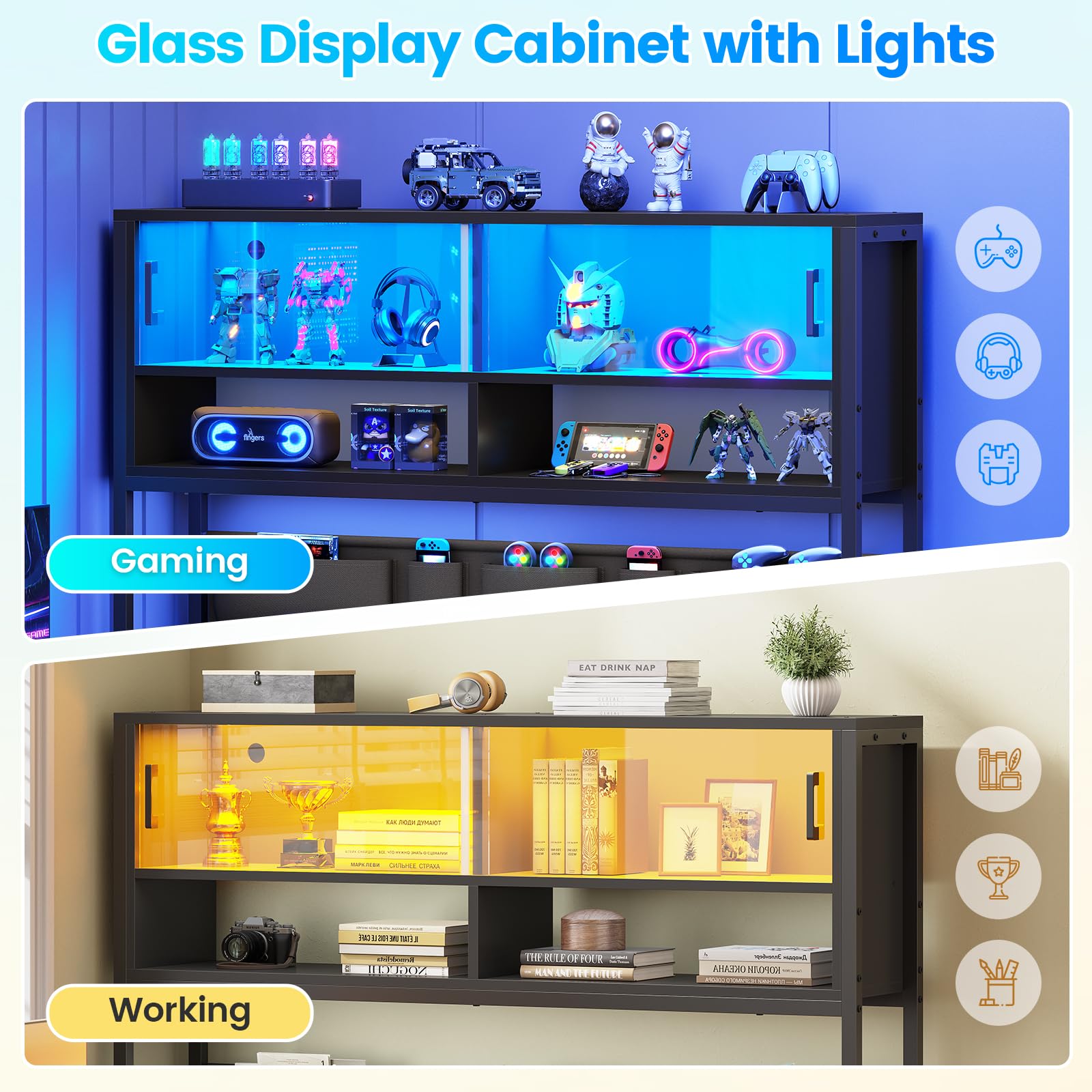 L-Shaped Gaming Desk with Bookshelf & LED Light