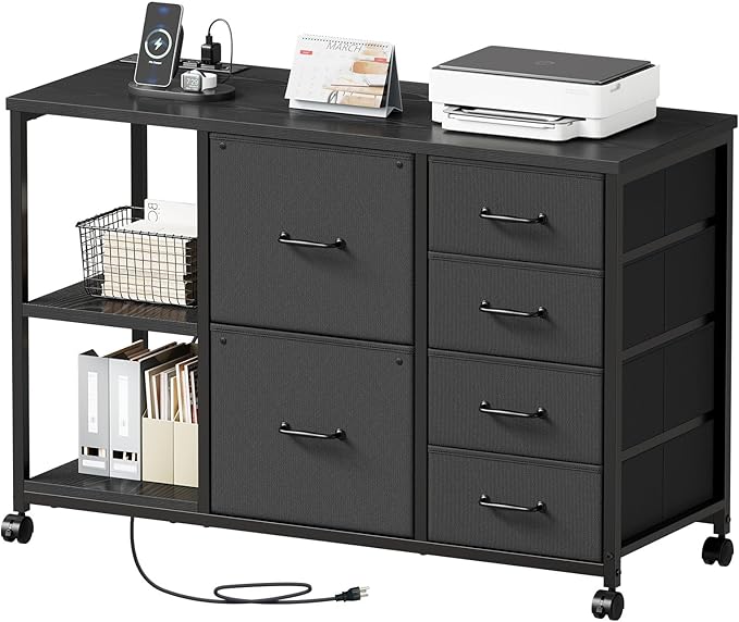 6-Drawer File Cabinet with Charging Station & Rolling Printer Stand