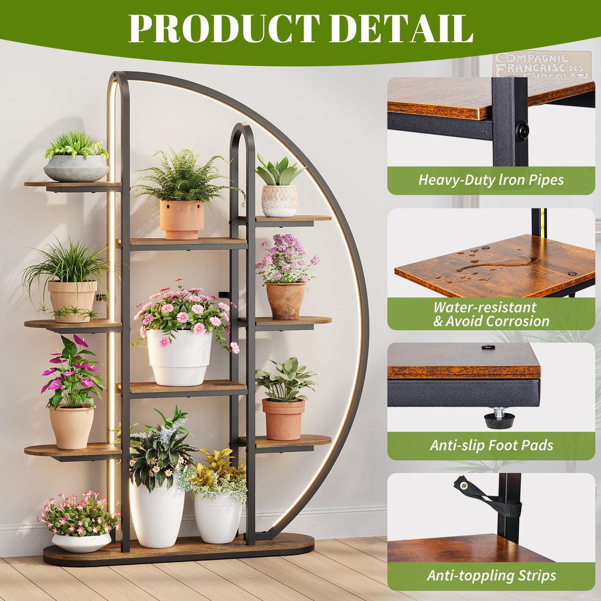 Sttoraboks 61” 9-Tier Moon-Shaped Plant Stand with LED & Grow Lights