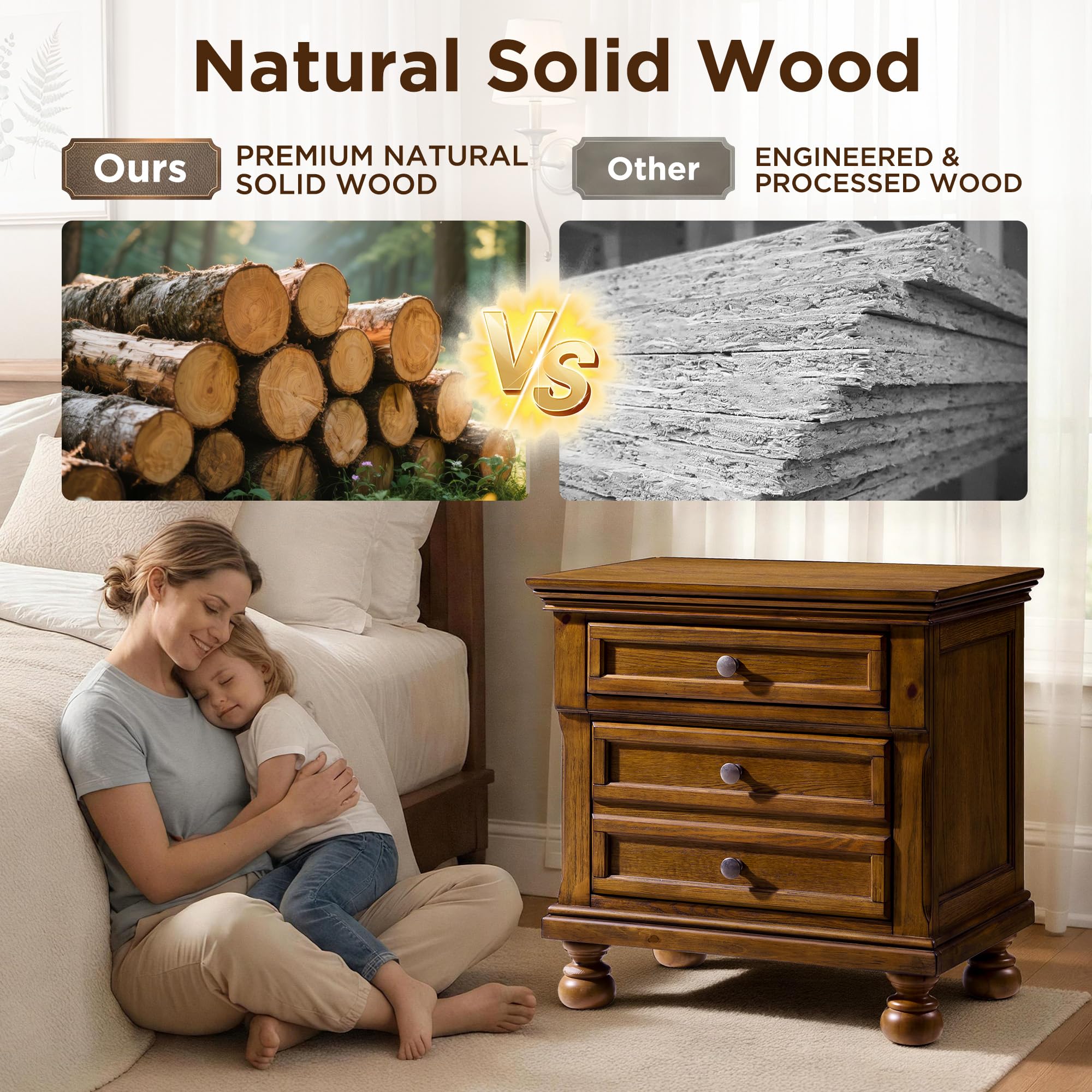 LUXOAK Fully Assembled Solid Wood Nightstand Set of 2 with 2 Drawers, Traditional Bedside End Table with 2 Storage Drawers for Bedroom, Light Brown