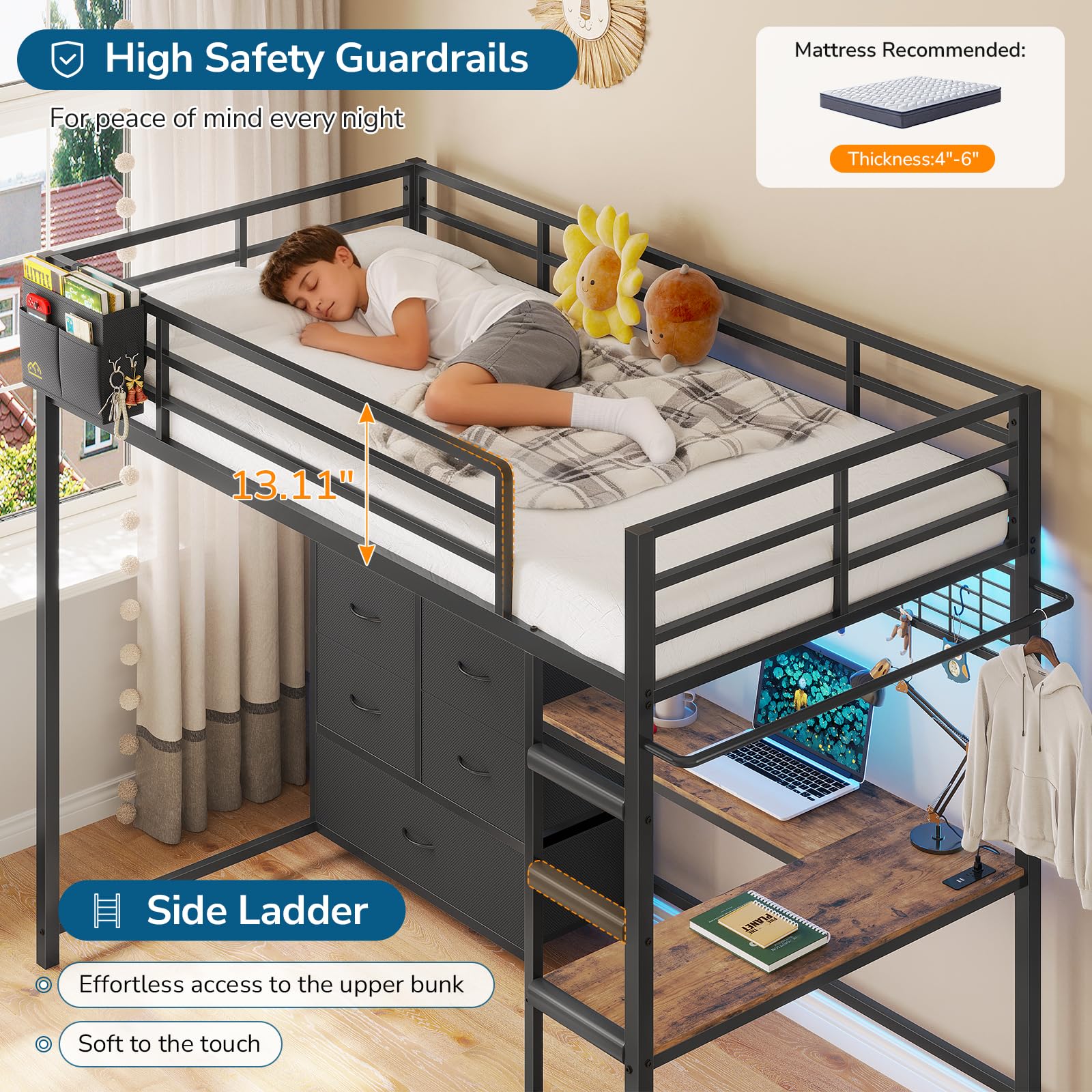 Twin Loft Bed with L-Shaped Desk & Storage