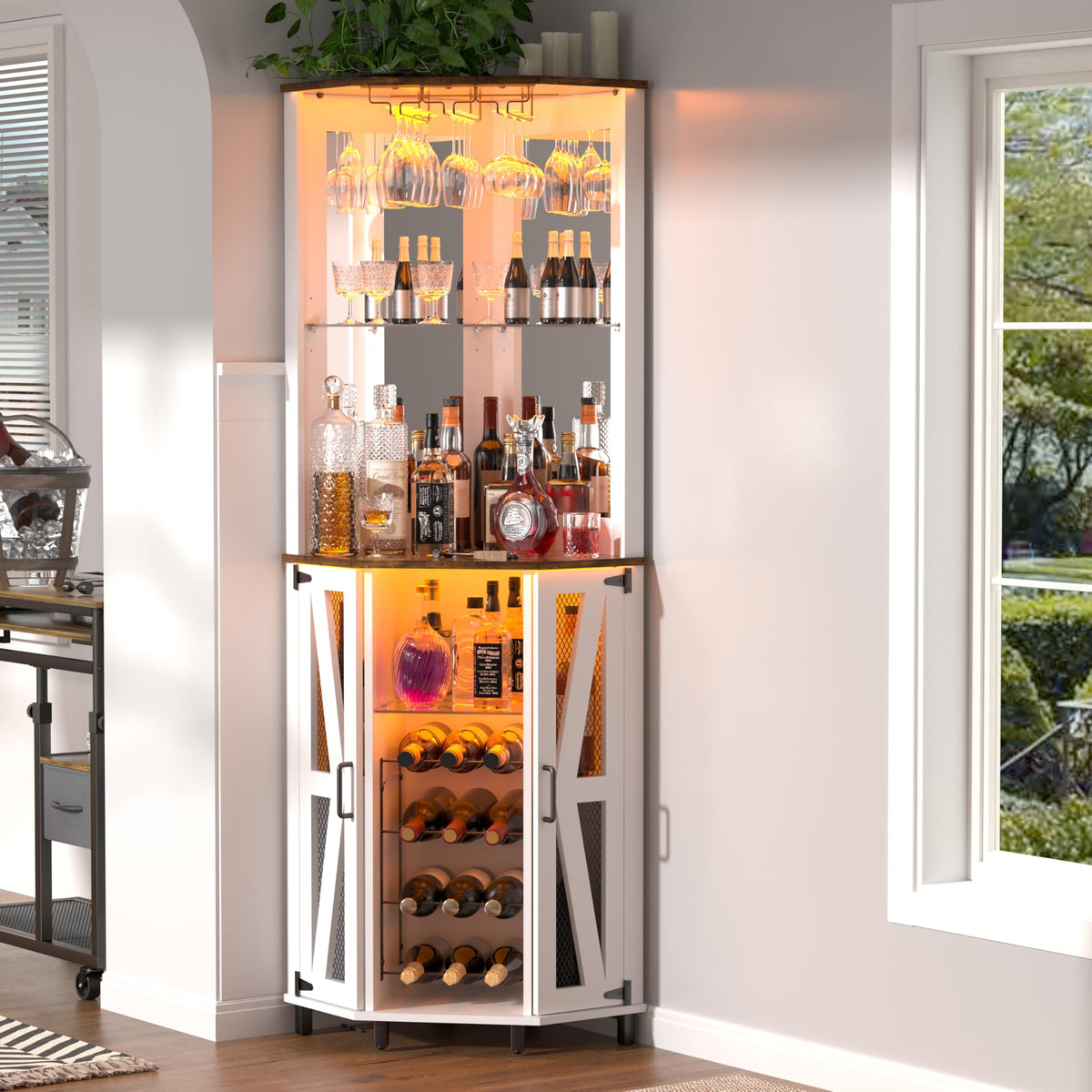 Oransail 68.9" Tall Corner Bar Cabinet, Wine Bar with LED Light and Mirror