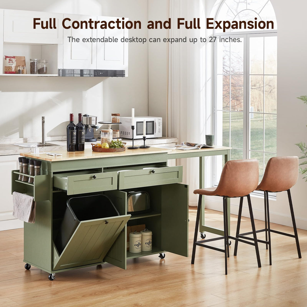 Kitchen Islands with Extendable Dining Table, Mobile Storage Islands, Green