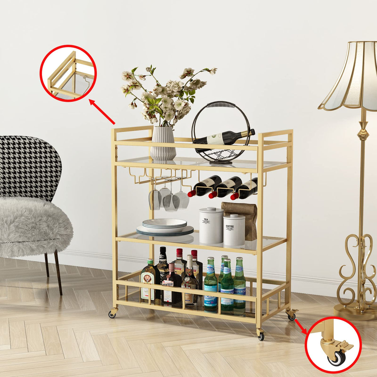 LORMITER Bar Cart Gold with Bottle Storage and Wine Glass, Rolling Serving Bar Cart on Wheels Indoor & Outdoor, Patio, Gold Kitchen Serving Cart for Party(3-Tier)