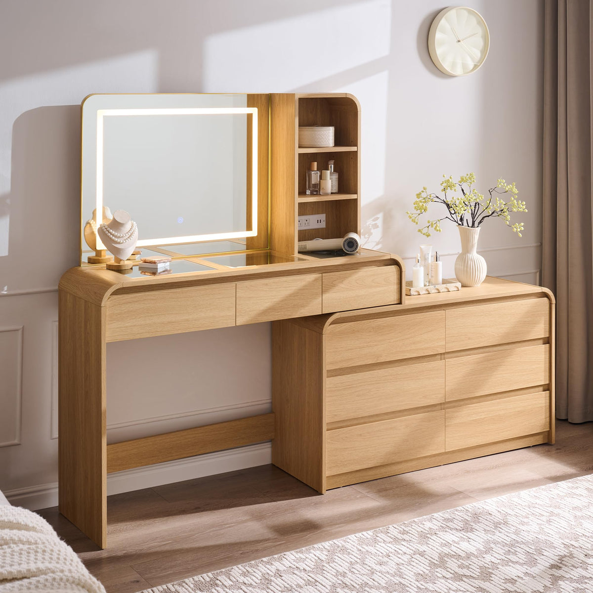 76" L-Shaped Vanity Desk with Mirror and Lights & Power Outlet, Natural