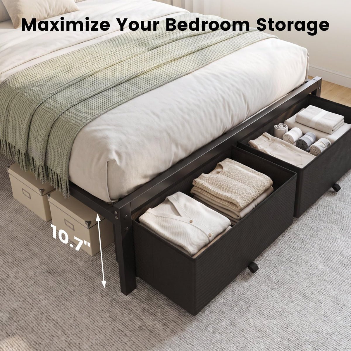 Kbun Full Size Bed Frame with Upholstered Headboard and 2 Storage Drawers