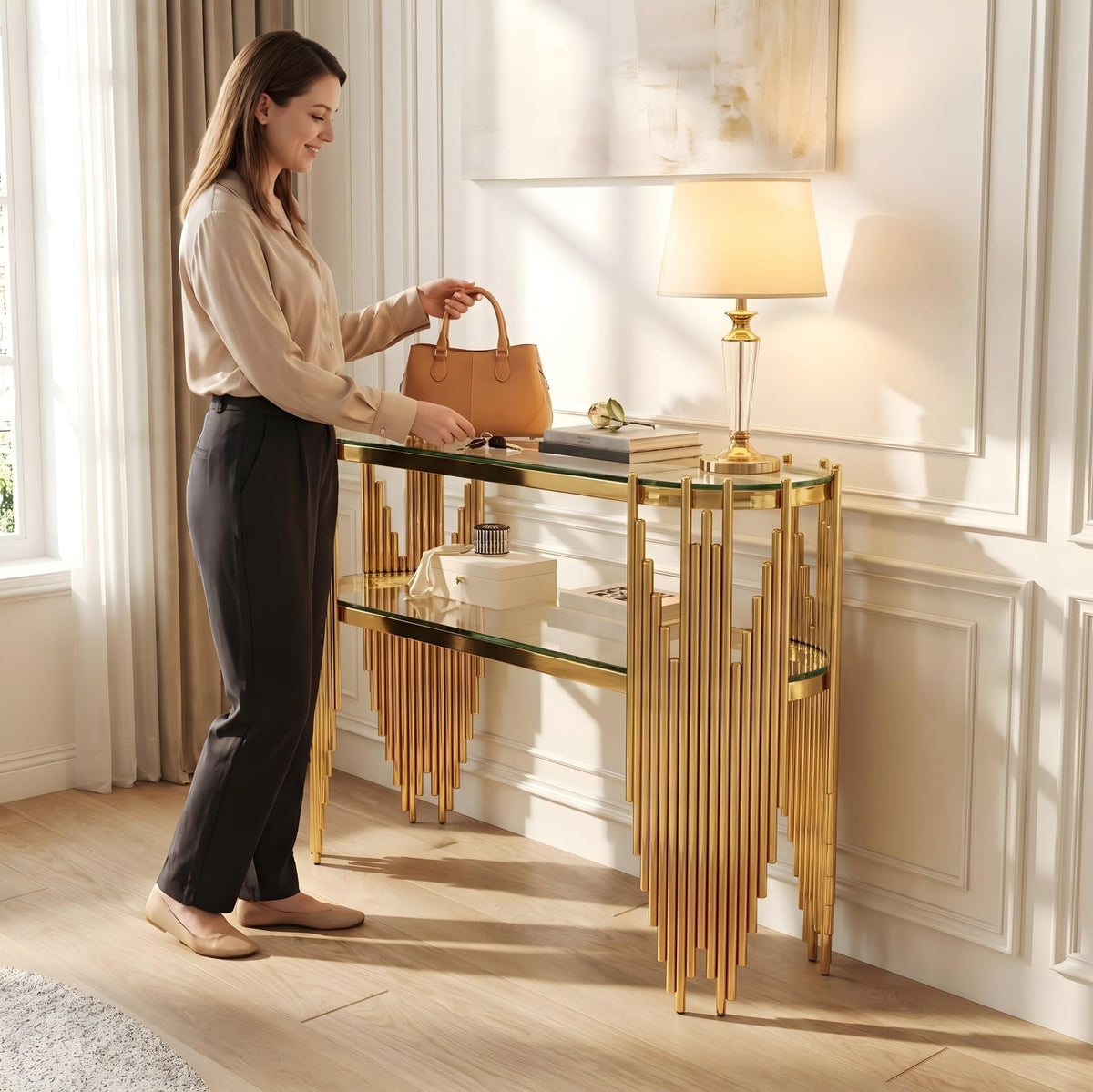 Gold Oval Glass Console Table