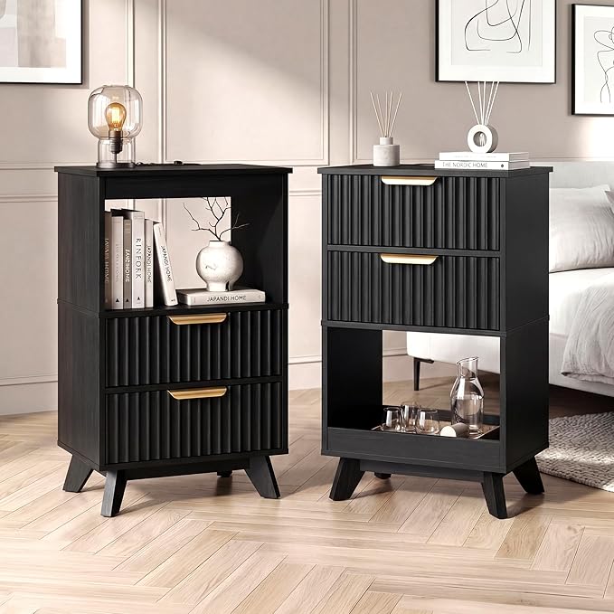 Fluted Tall Nightstand Set of 2 with Charging Station & Storage Drawers