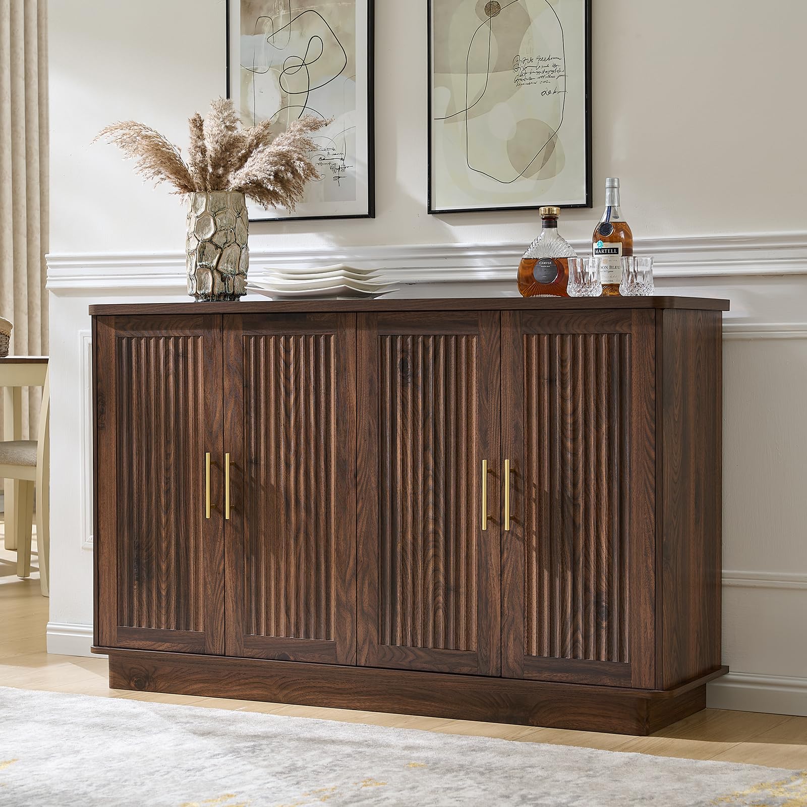 Modern Fluted Sideboard Buffet Cabinet with 4 Doors & Adjustable Shelves