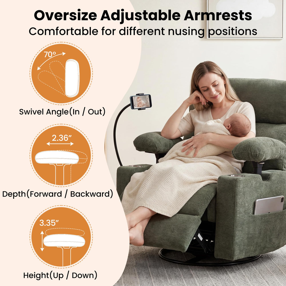 FiveWillowise Power Rocking Chair Nursery with Adjustable Arms&Headrest