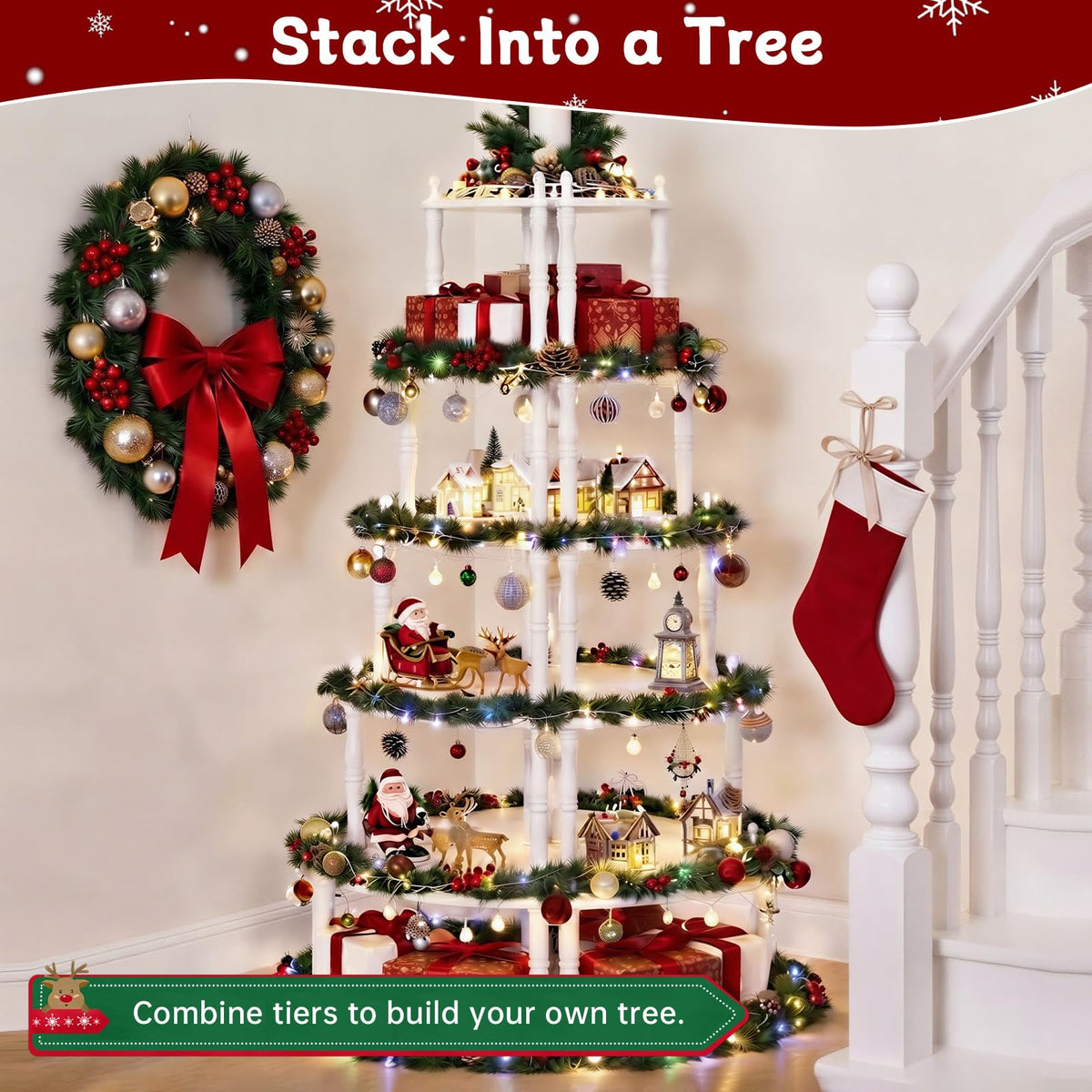 NKGIAG 5ft Christmas Village Display Stand, 5-Tier Tree Corner Shelf, White