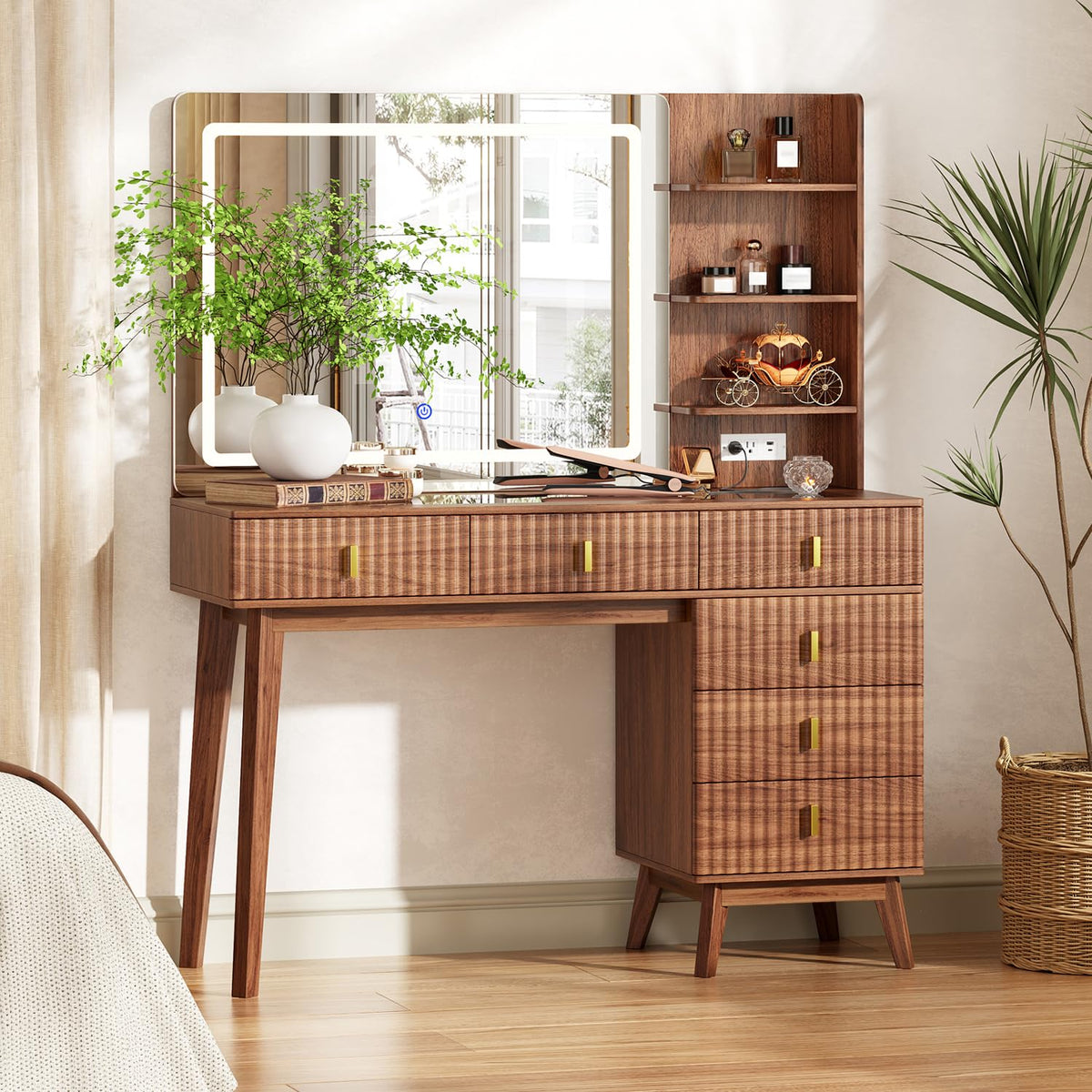 Walnut Makeup Vanity with LED Mirror