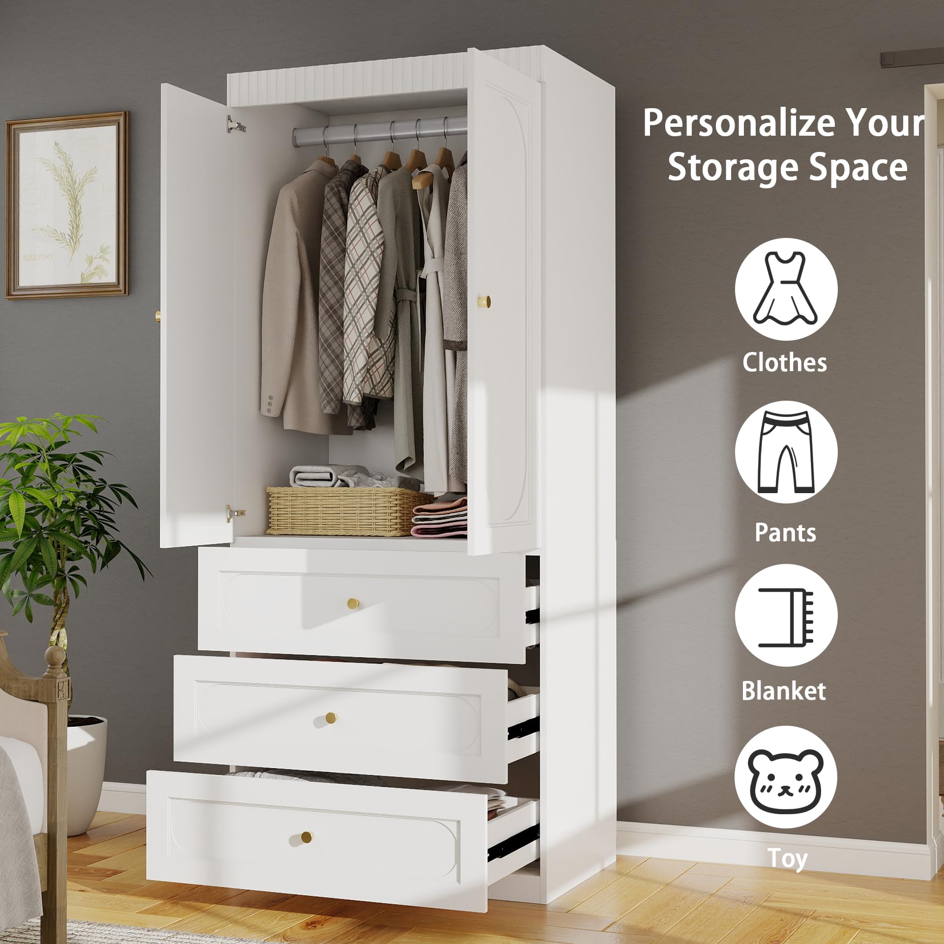 Vrmuxita Armoire Wardrobe Closet with Drawers: 74" Tall White Wardrobe Closet with Doors, Large Bedroom Armoires for Clothes, Wood Closets for Hanging Clothes (31.5 in-2 Doors)