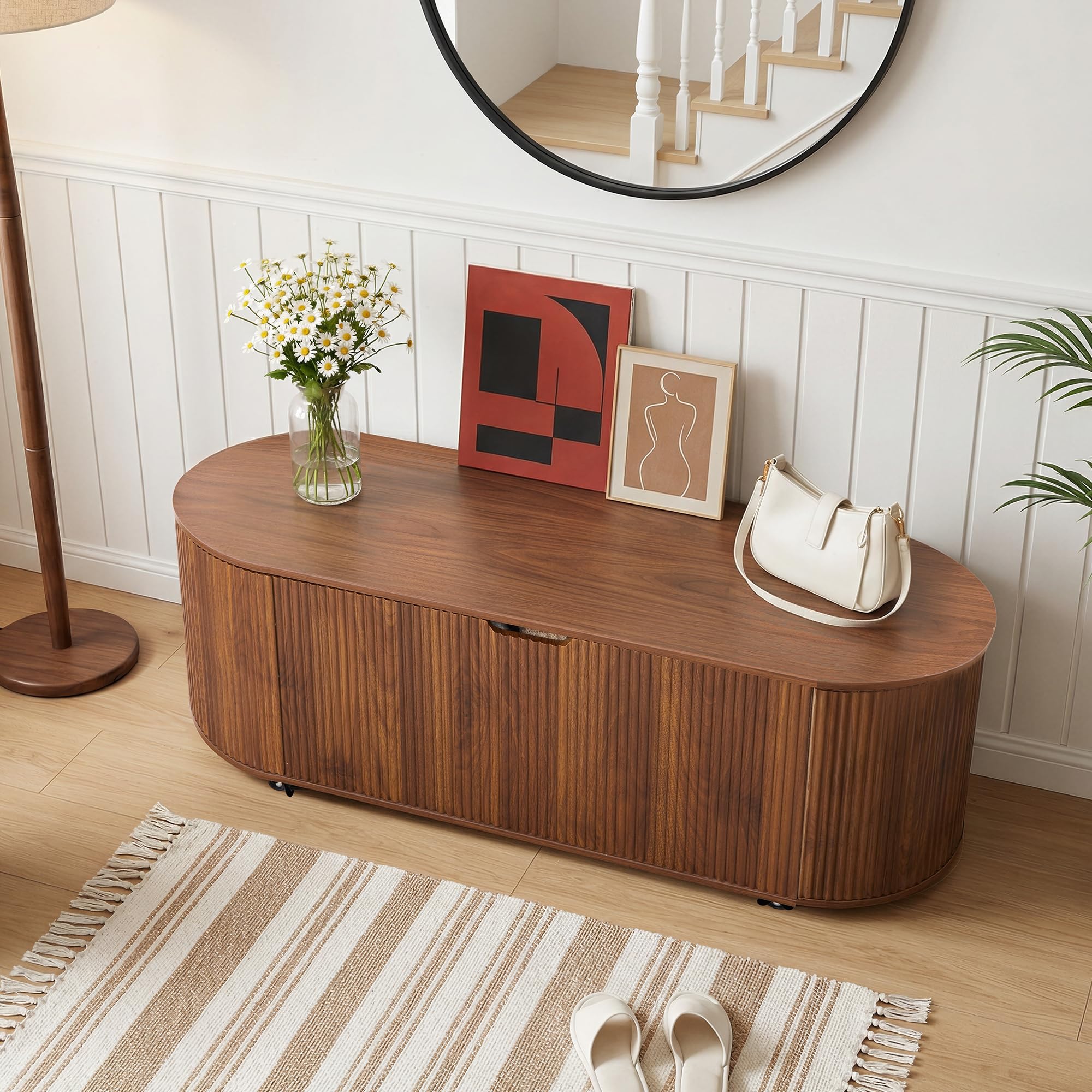 43.3” Storage Bench with 4 Wheels, Fluted Oval Storage Chest with Safety Hinges, Modern Wooden End of Bed Bench, Large Storage Trunk Toy Chest with Lift Top for Entryway Bedroom Living Room, Walnut
