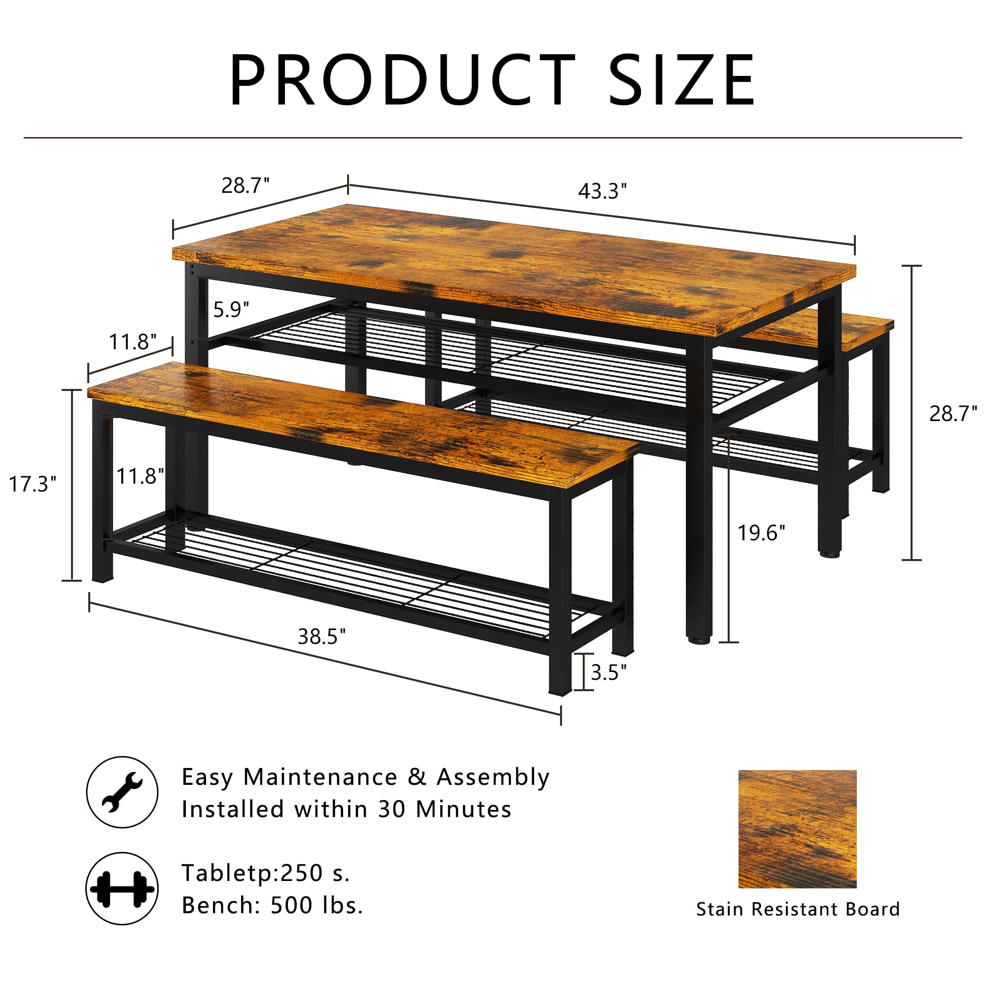 AWQM 43.3" Dining Table Set for 4, Kitchen Dining Table with 2 Benches, Dining Room Table Set with Metal Frame & Storage Rack for Kitchen, Restaurant, Rustic Brown