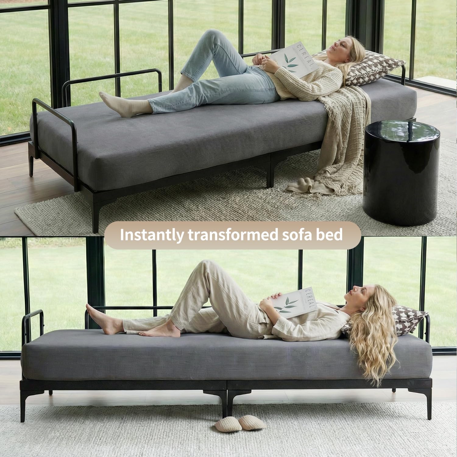 Forteek Apartment-Friendly Convertible Loveseat Sofa Bed, Removable Armrest & Backrest 2-in-1 Sleeper Couch, Modern Corduroy Sofa for Small Living Room & Guest Room- Grey