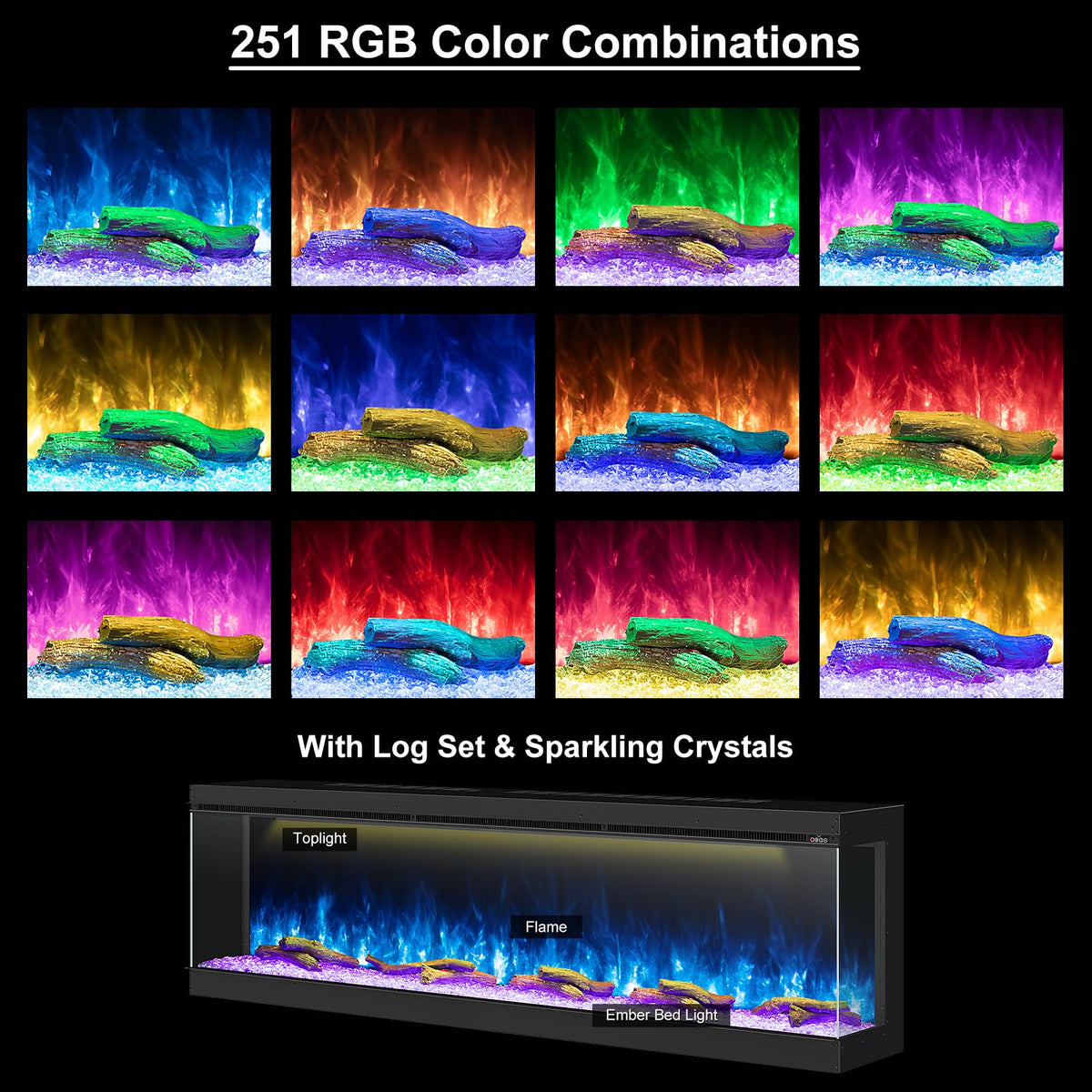 80 Inch 3 Sided Electric Fireplace, Smart Linear Fireplace Heater with 3D Realistic Flames/Ember/Ambient, LED Color Cycle, Timer, Crackling Sound, 1500W/750W, Recessed