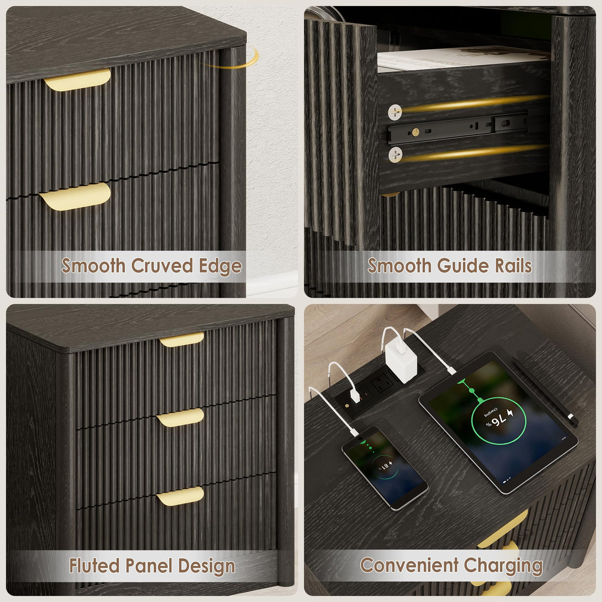 PLRSOZIM 23.6" Black Fluted Nightstand with Charging Station and 3 Drawers