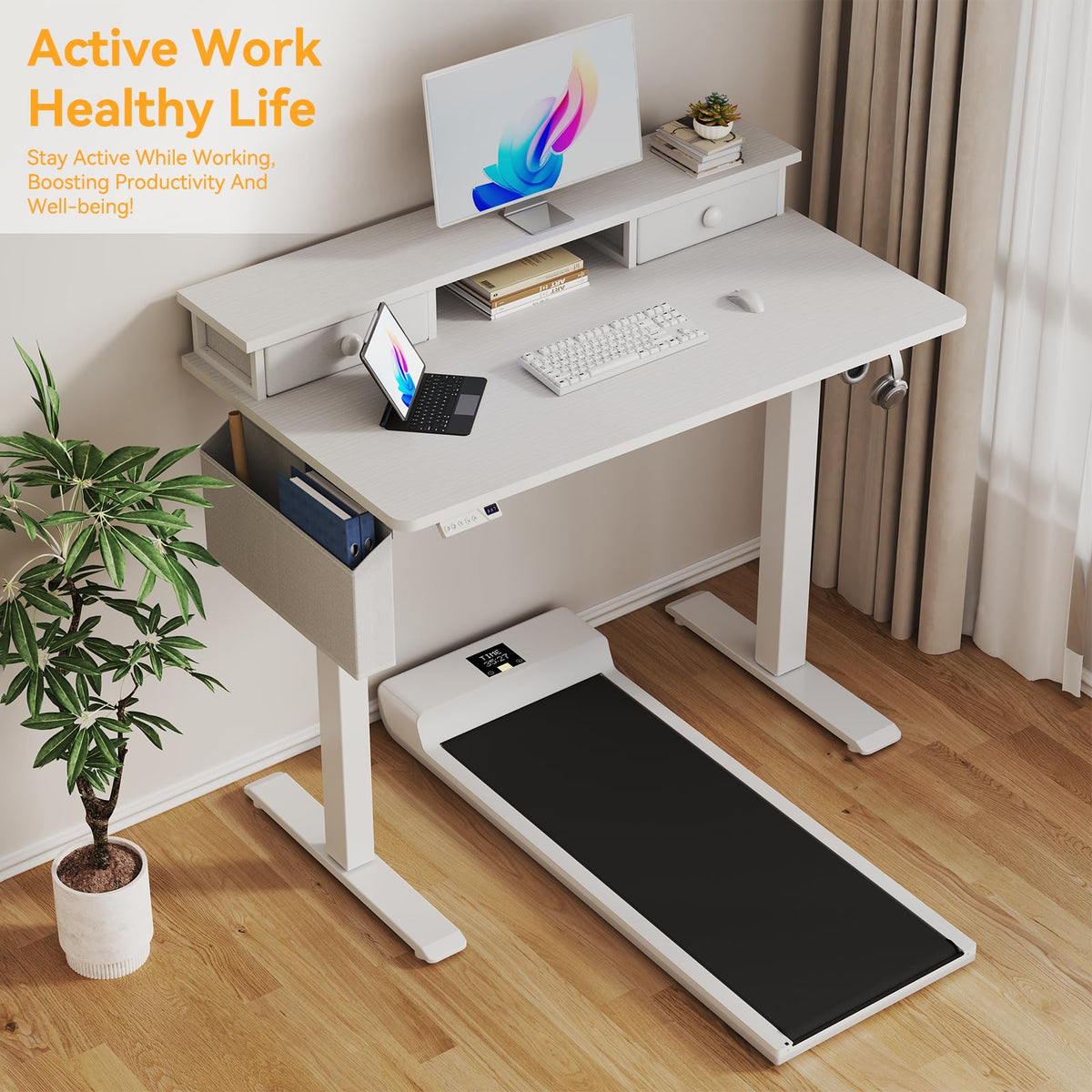 KLUVIS White Electric Standing Desk with Drawers, 40 Inch