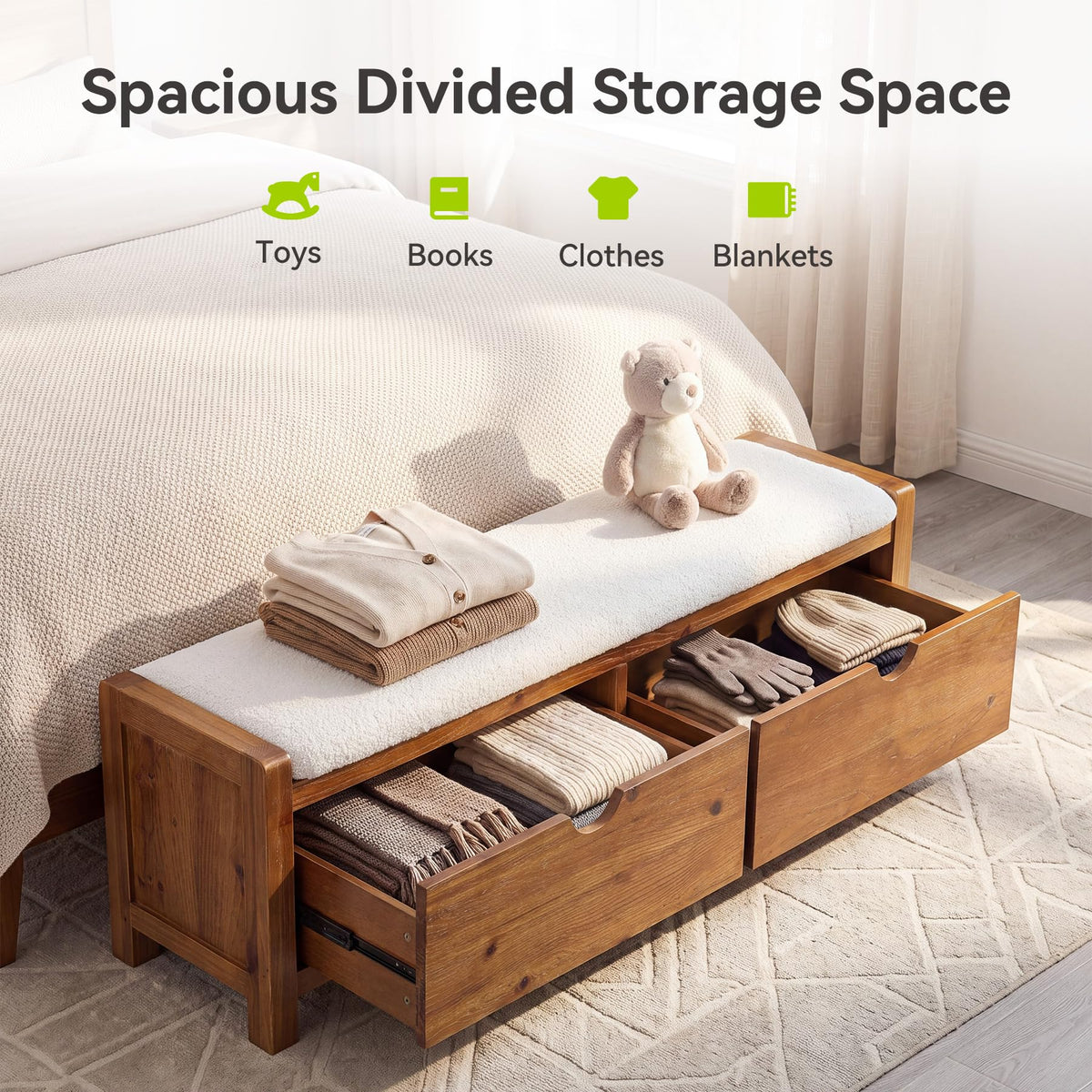 55" Wood Entryway Bench with 2 Storage Drawers, Upholstered Storage Bench