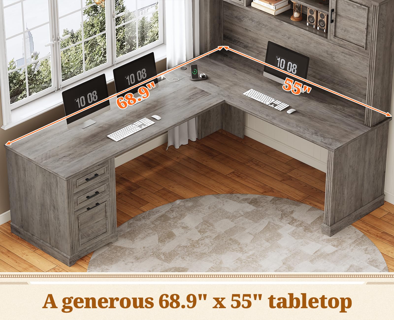SEDETA Farmhouse L Shaped Desk with Hutch and 3 Drawers, 68.9" Executive Office Desk with File Drawer and Power Outlet, Corner Computer Desk with Storage Shelves for Home Office (Grey)