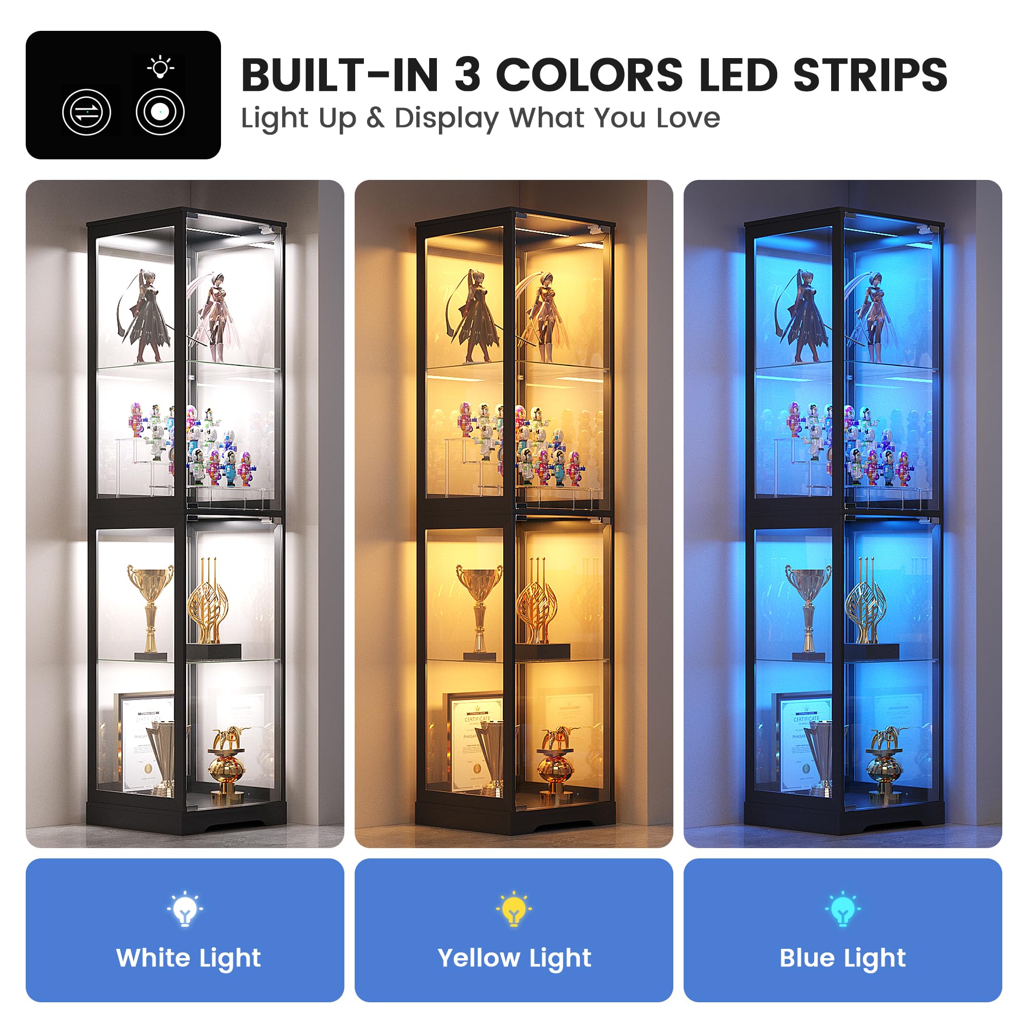 4-Tier Glass Display Cabinet with LED Lights
