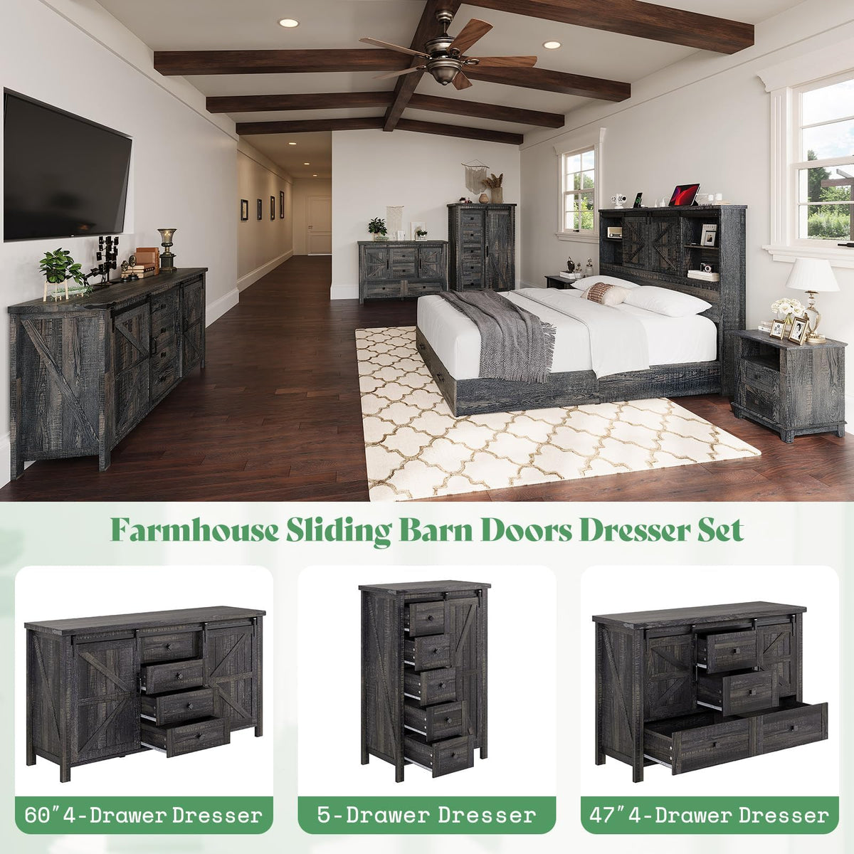 AMERLIFE 3-Piece Black Farmhouse Bedroom Set with Full Bed & 2 Dressers
