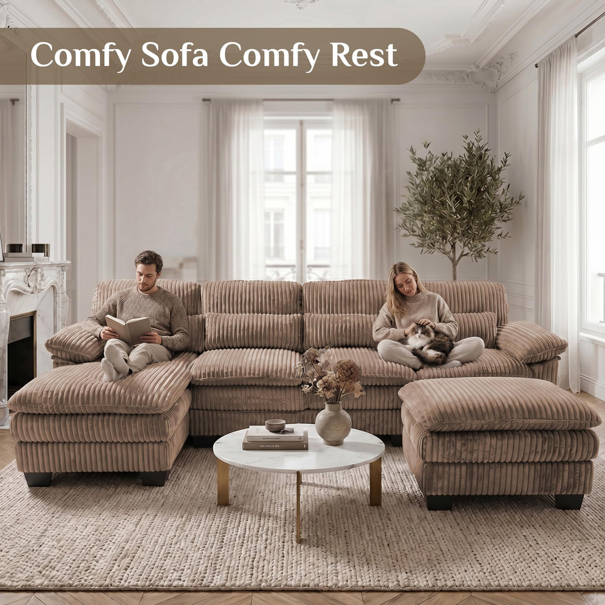 113" U Shaped Sectional Sofa Modular Couch with Ottoman, Corduroy Brown