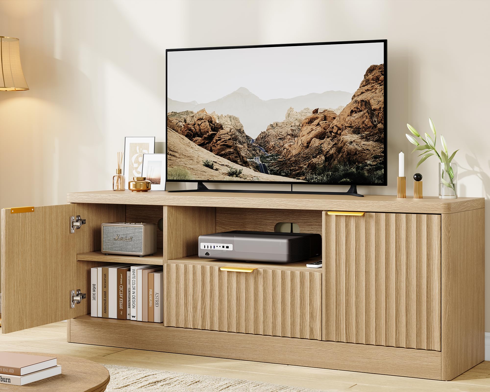55" Fluted TV Stand with Drawer & Open Shelf