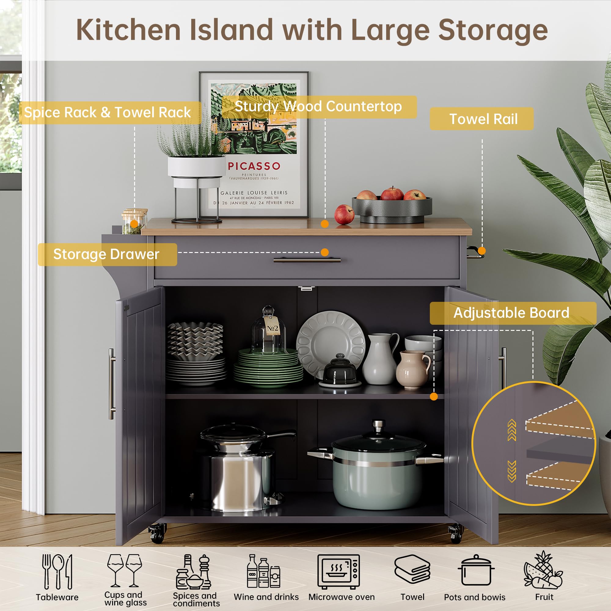 Soscana Wood Kitchen Island with Storage, Wooden Rolling Kitchen Island On Wheels with Countertop, Mobile Kitchen Island Cart with Towel Rack, Spice Rack, Adjustable Shelf and Drawers, Grey