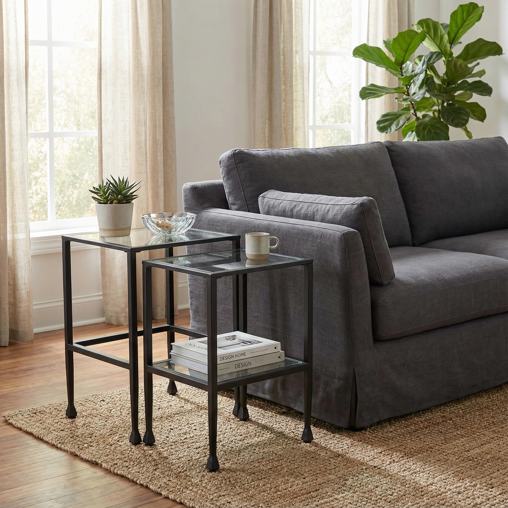 Square Nesting End Tables Set of 2 – Matte Black Steel & Glass